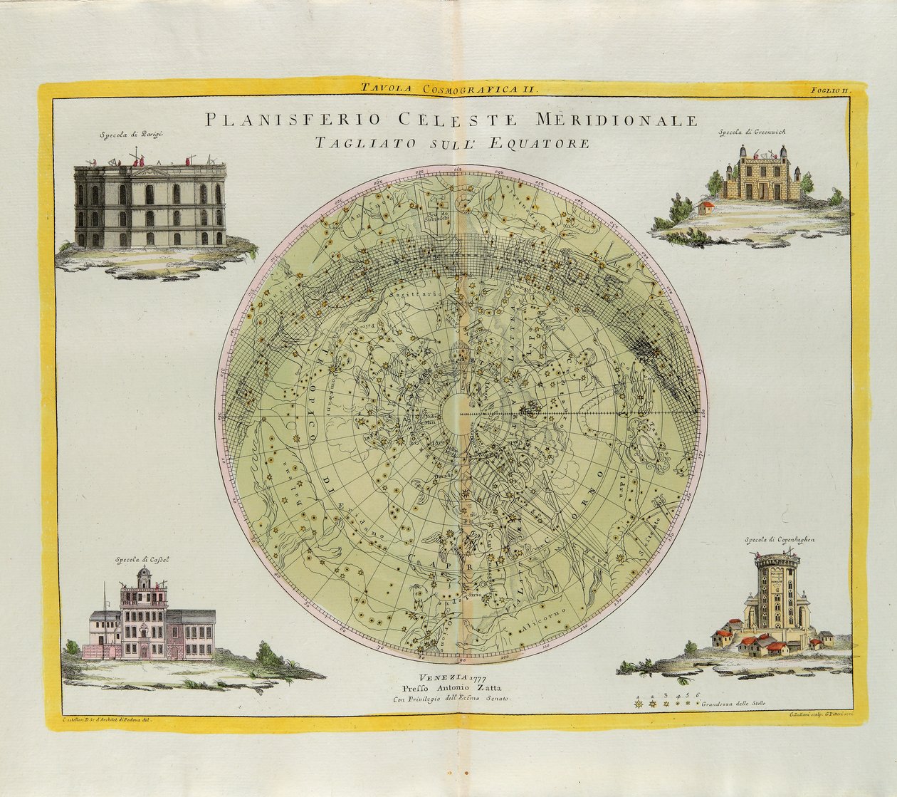 Kosmographische Platte des südlichen Himmelsplanisphären, am Äquator geschnitten, Gravur von G. Zuliani aus Band I des Neuesten Atlas, veröffentlicht in Venedig 1777 von Antonio Zatta von G. Zuliani