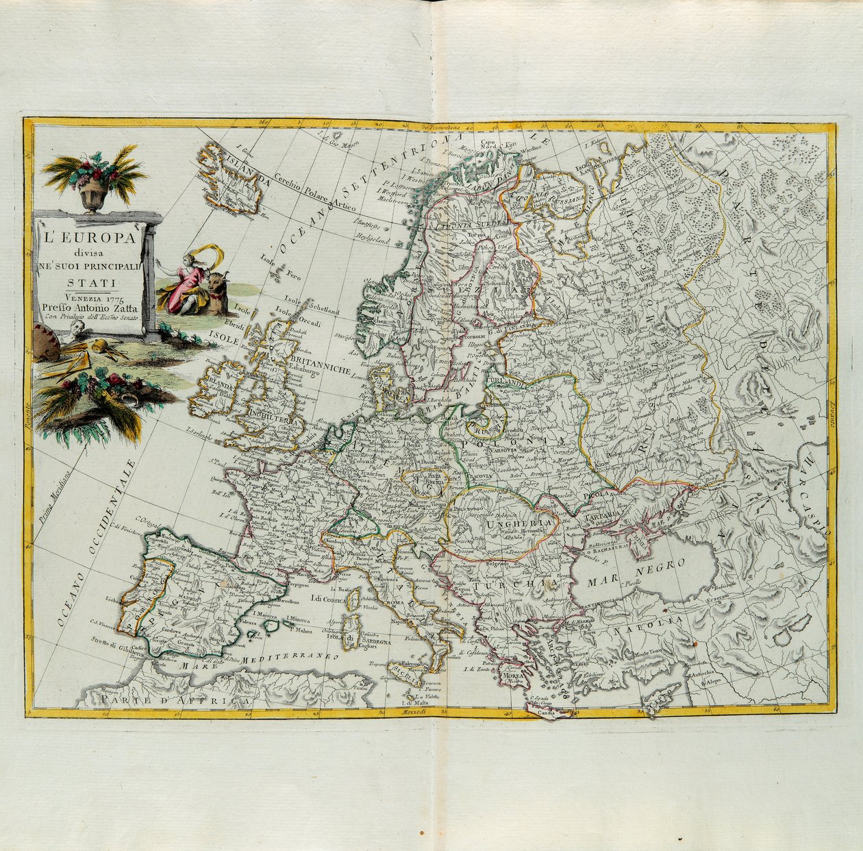Europa aufgeteilt in seine Hauptstaaten, Stich von G. Zuliani aus Band I des Neuesten Atlas, veröffentlicht in Venedig 1776 von Antonio Zatta, Privatsammlung von G. Zuliani