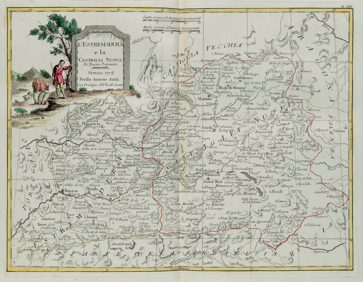 Extremadura und Castilla la Nueva, Stich von G. Zuliani aus Band I des Neuesten Atlas, veröffentlicht in Venedig 1776 von Antonio Zatta, Privatsammlung von G. Zuliani