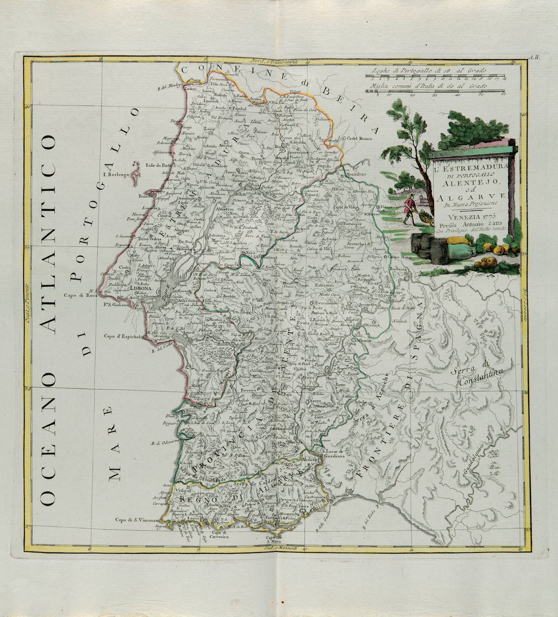 Extremadura von Portugal Alentejo oder Algarve, Stich von G. Zuliani aus Band I des Neuesten Atlas, veröffentlicht in Venedig 1776 von Antonio Zatta, Privatsammlung von G. Zuliani
