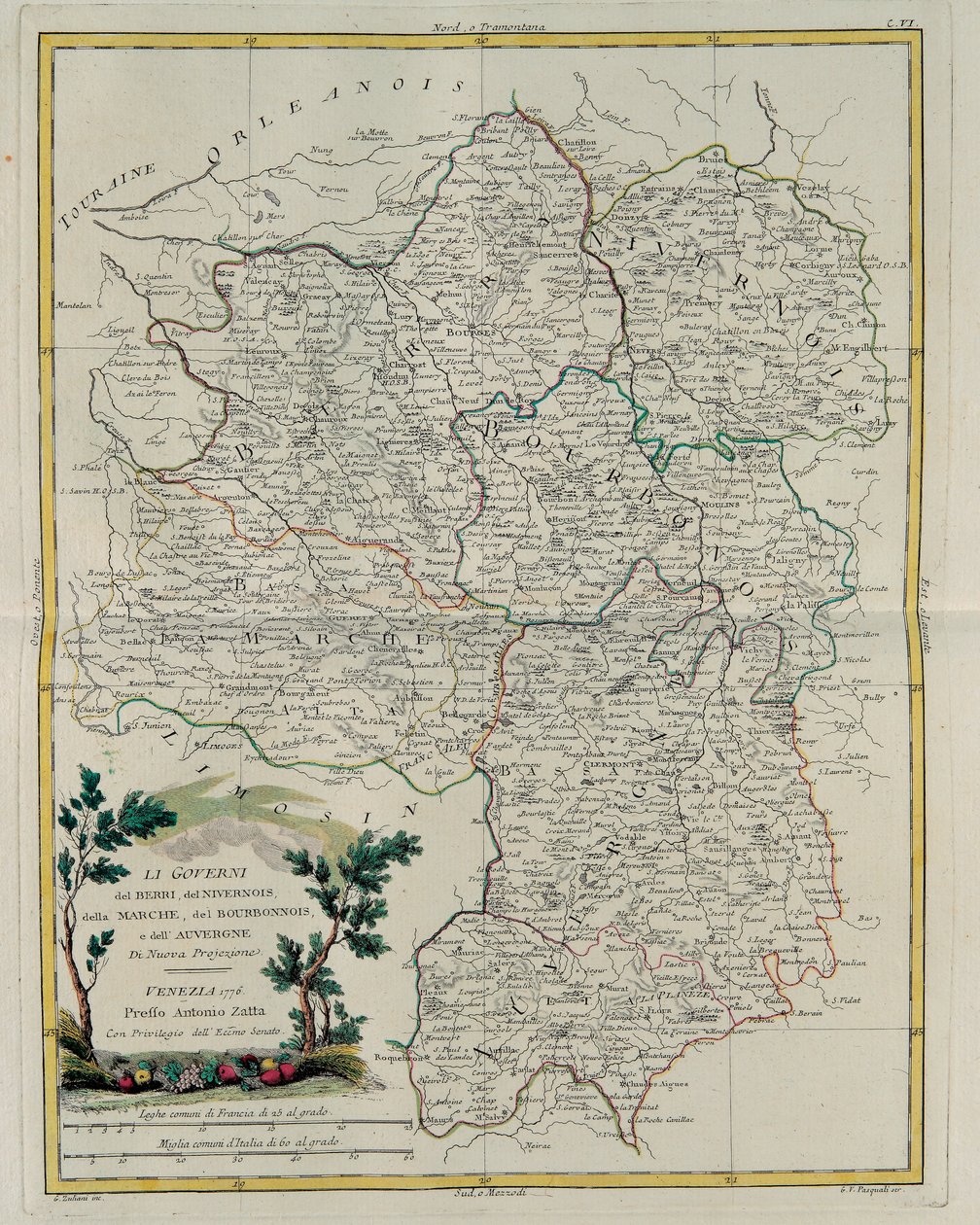 Die Gouvernements von Berri, Nivernais, Marche, Bourbon und Auvergne, Stich von G. Zuliani aus Band I des Neuesten Atlas, veröffentlicht in Venedig 1776 von Antonio Zatta, Privatsammlung von G. Zuliani