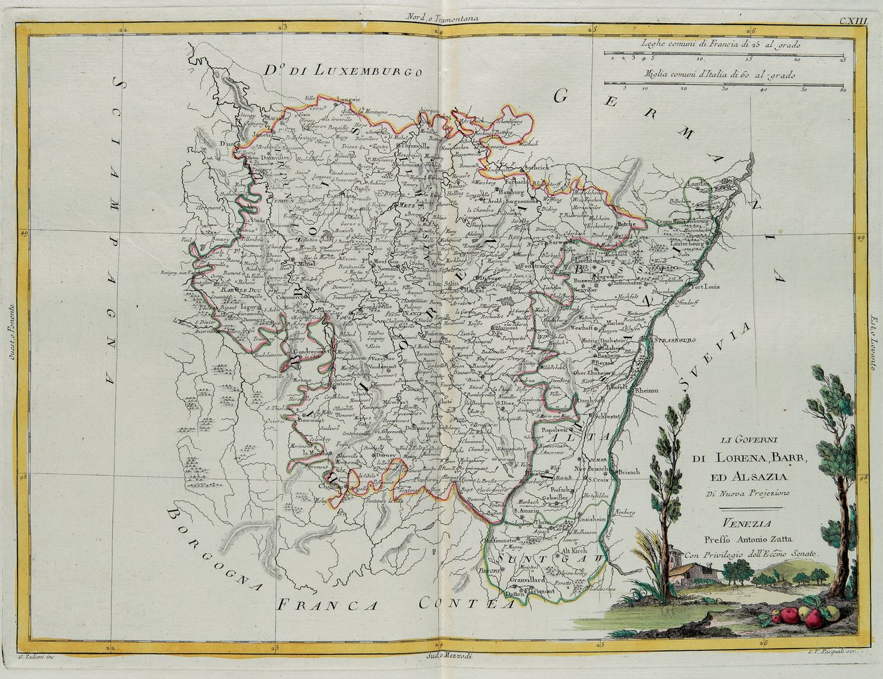 Regierungen von Lothringen, Barr und Elsass, Gravur von G. Zuliani aus Band I des "Neuesten Atlas" veröffentlicht in Venedig von Antonio Zatta, Private Sammlung von G. Zuliani