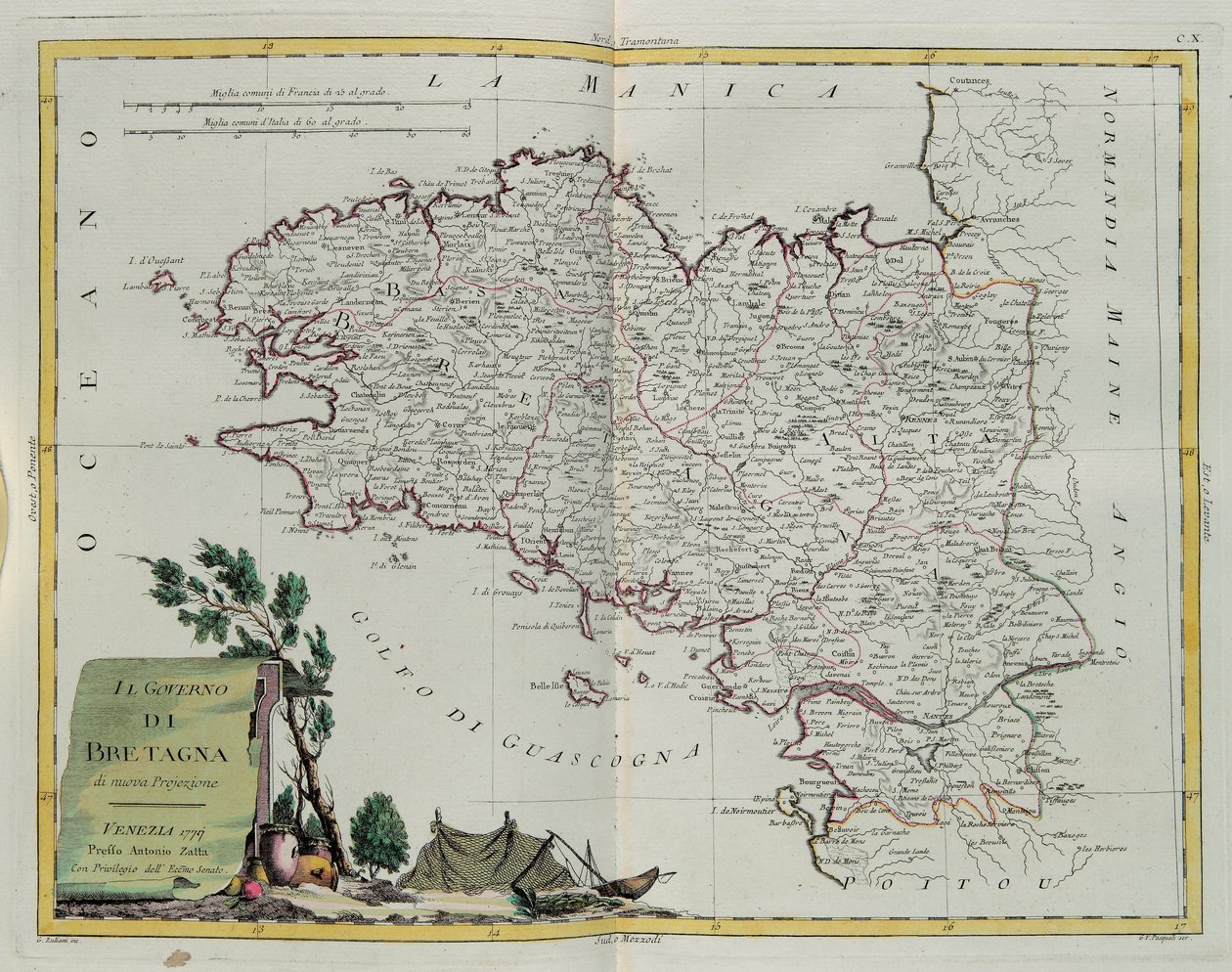 Golf von Bretagne, Stich von G. Zuliani aus Band I des Neuesten Atlas, veröffentlicht in Venedig 1777 von Antonio Zatta, Privatsammlung von G. Zuliani
