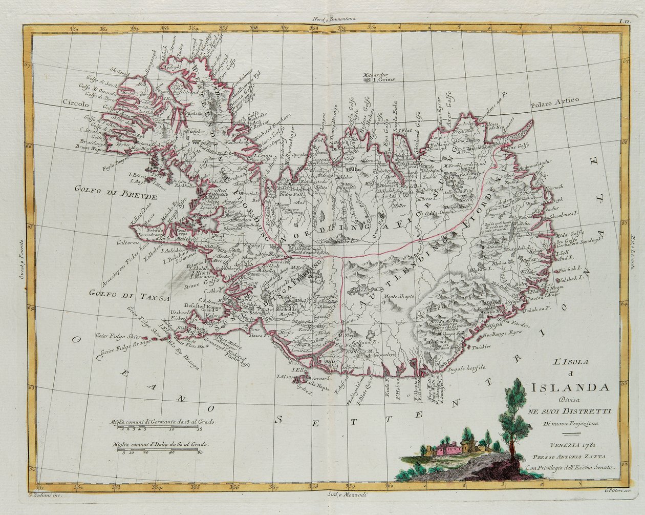 Island, aufgeteilt in seine Bezirke, Gravur von G. Zuliani aus Band III des "Neuesten Atlas" veröffentlicht in Venedig 1781 von Antonio Zatta, Private Sammlung von G. Zuliani