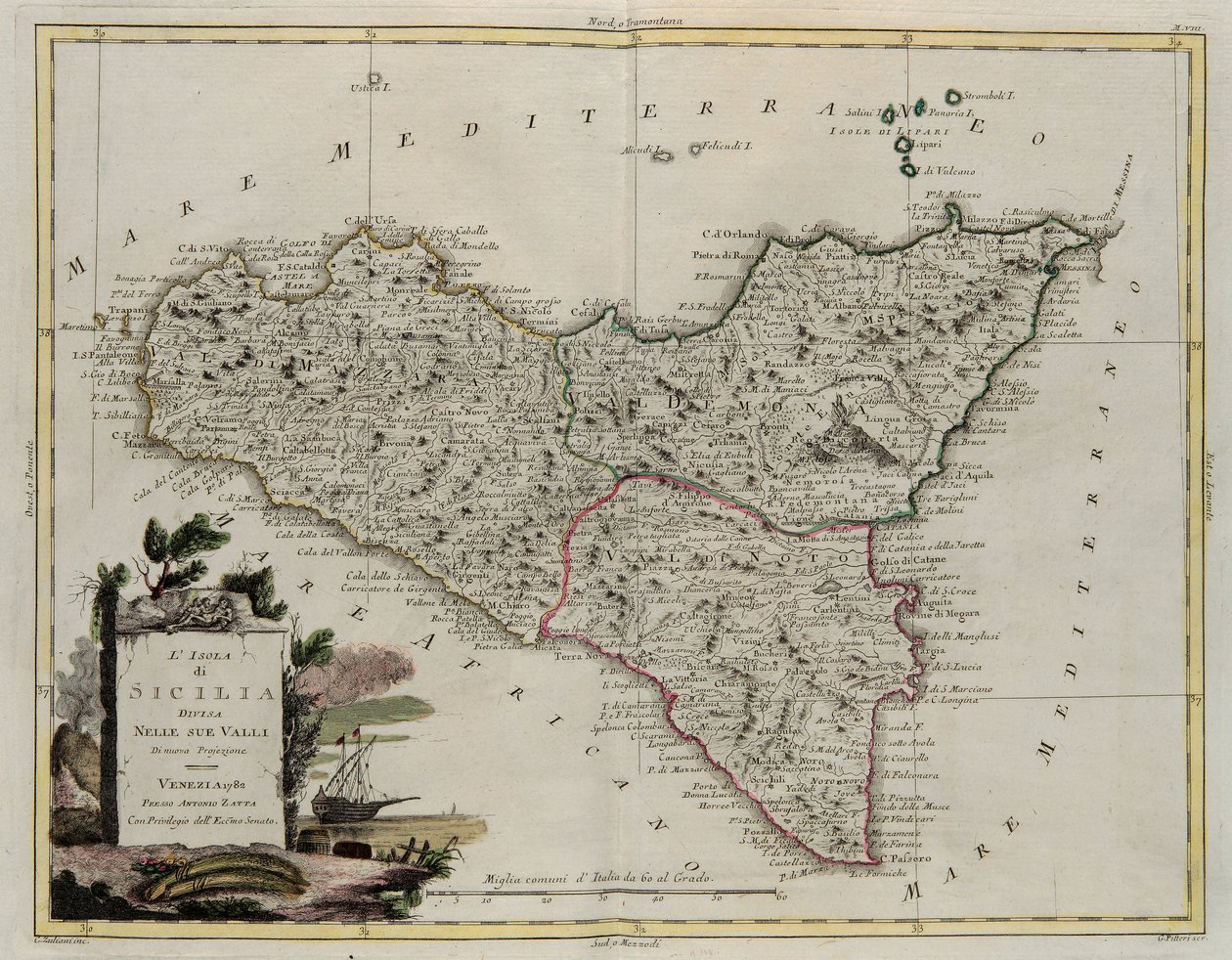 Insel Sizilien, aufgeteilt in ihre Täler, Stich von G. Zuliani aus Band II des Neuesten Atlas, veröffentlicht in Venedig 1782 von Antonio Zatta, Privatsammlung von G. Zuliani