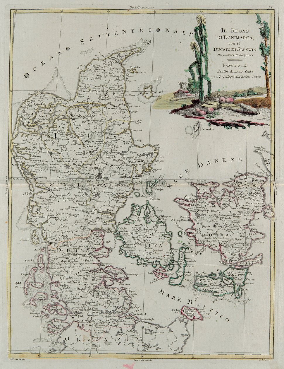 Königreich Dänemark mit dem Herzogtum Schleswig, Stich von G. Zuliani aus Band III des "Neuesten Atlas" veröffentlicht in Venedig 1781 von Antonio Zatta, Privatsammlung von G. Zuliani