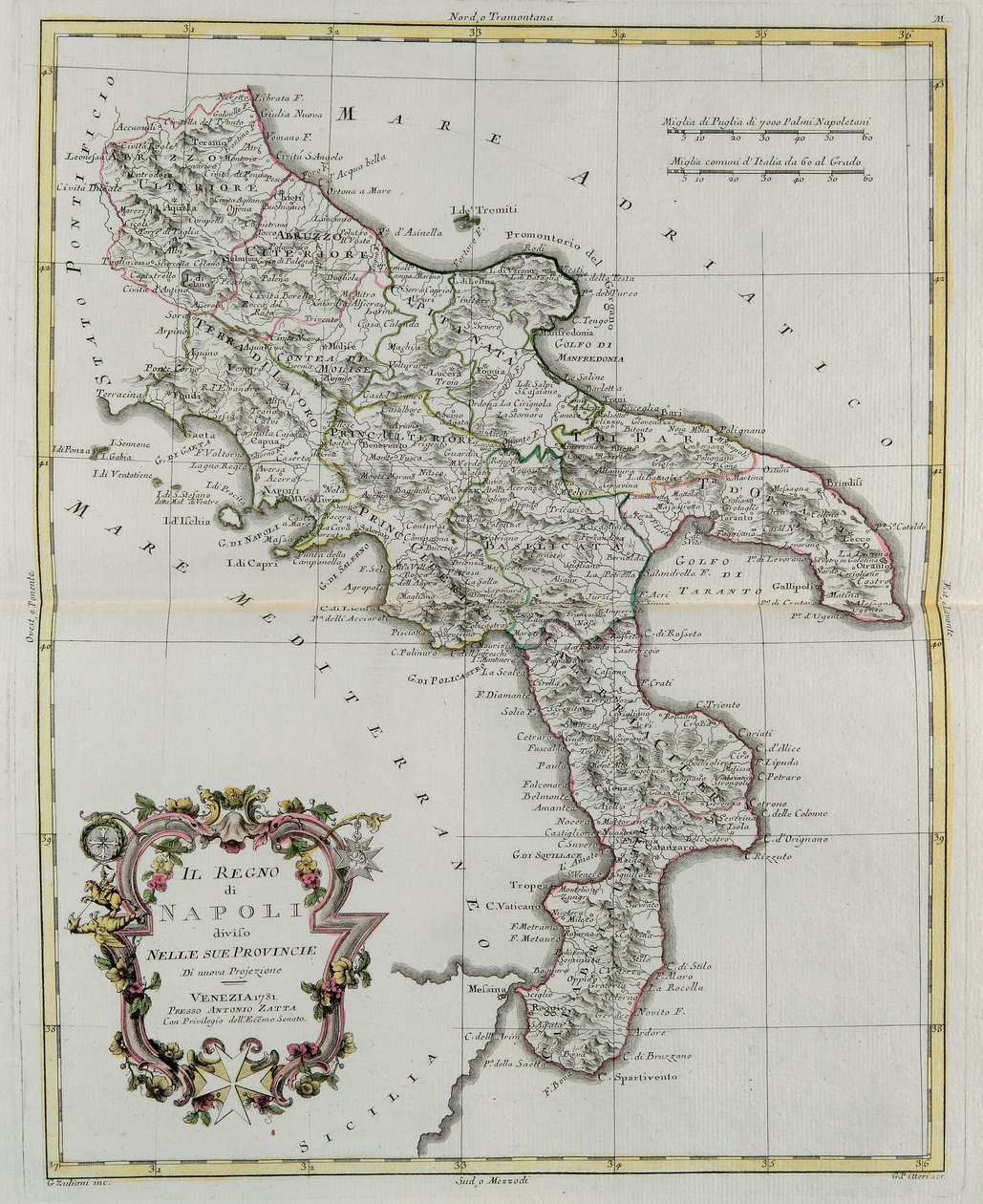 Königreich Neapel, aufgeteilt in seine Provinzen, Gravur von G. Zuliani aus Band II des "Neuesten Atlas" veröffentlicht in Venedig 1781 von Antonio Zatta, Private Sammlung von G. Zuliani