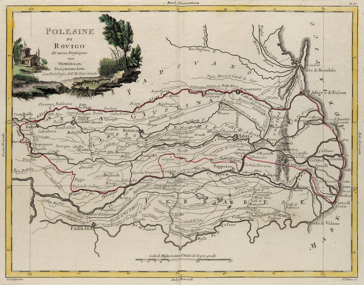 Landgebiet des Staates Veneto: Gebiet von Rovigo, Stich von G. Zuliani aus Band II des "Neuesten Atlas" veröffentlicht in Venedig 1782 von Antonio Zatta, Privatsammlung von G. Zuliani
