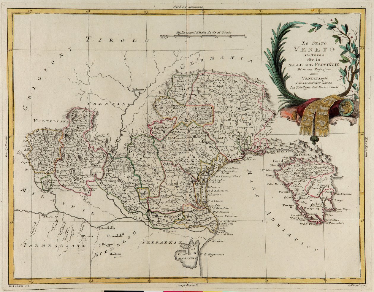 Landgebiet des Staates Veneto, unterteilt in seine Provinzen, Stich von G. Zuliani aus Band II des "Neuesten Atlas" veröffentlicht in Venedig 1782 von Antonio Zatta, Privatsammlung von G. Zuliani