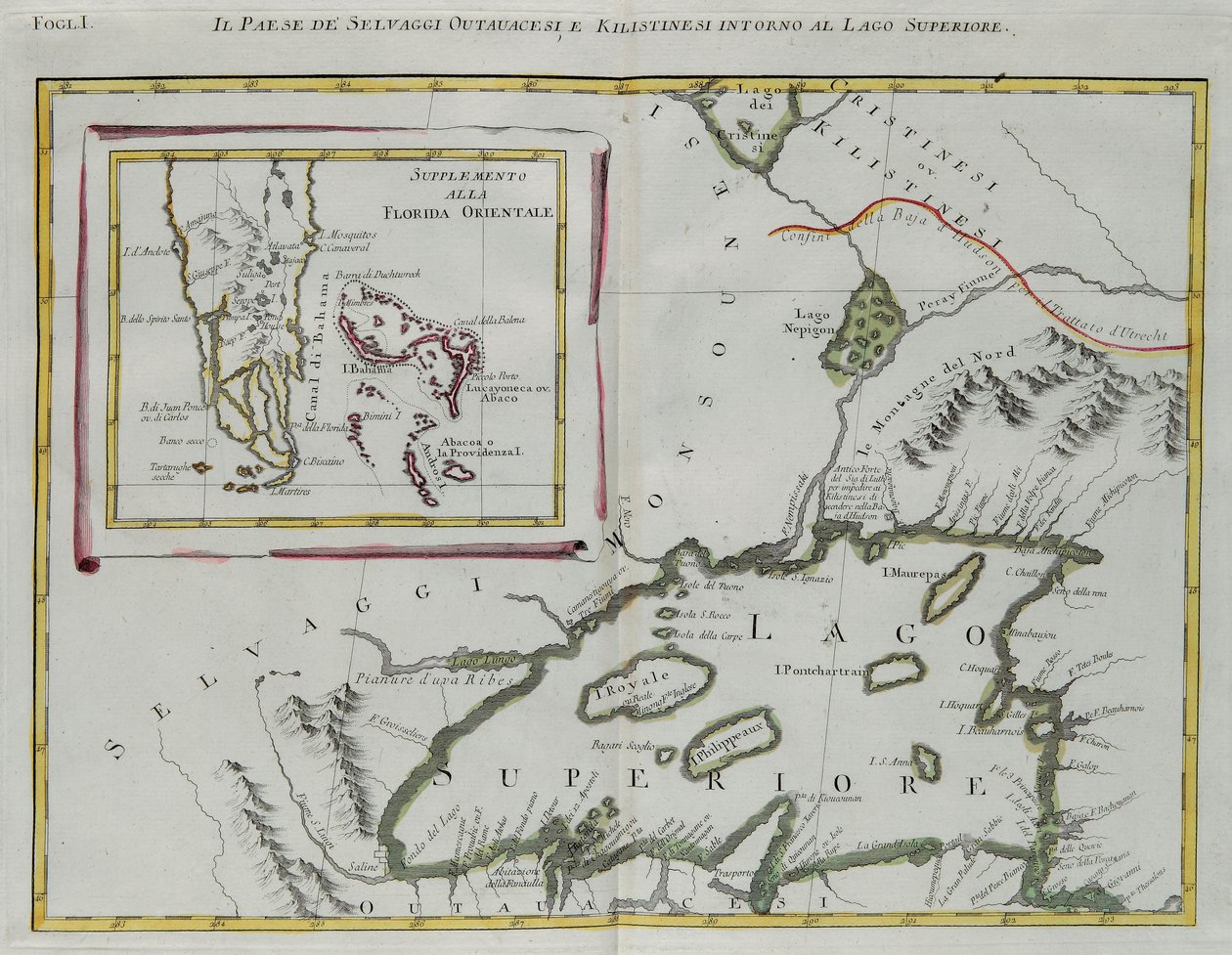 Land der Ottawa- und Kilistine-Indianer um den Oberen See und ein Zusatz von Ostflorida, Stich von G. Zuliani aus Band I des "Neuesten Atlas" veröffentlicht in Venedig 1778 von Antonio Zatta, Privatsammlung von G. Zuliani