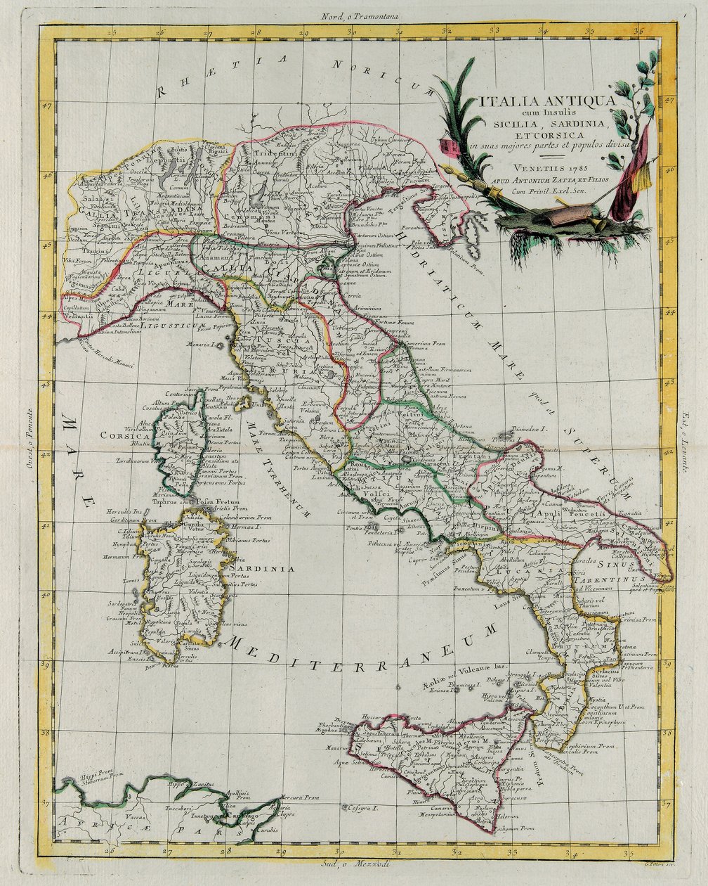 Politische Karte von Italien, Stich von G. Zuliani aus Band IV des "Novissimo Atlas" veröffentlicht in Venedig 1785 von Antonio Zatta, Privatsammlung von G. Zuliani