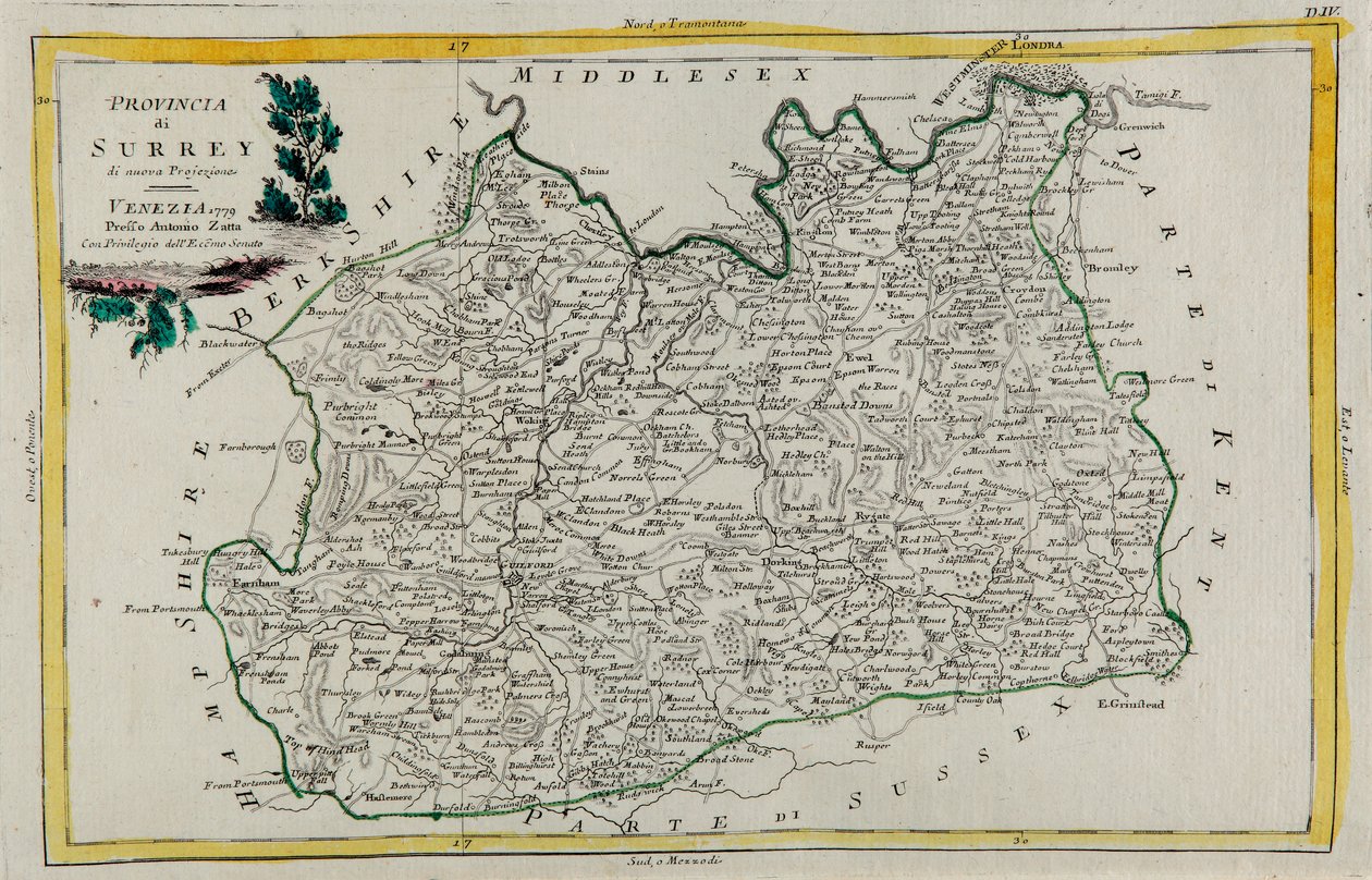 Provinz Surrey, Stich von G. Zuliani aus Band I des "Neuesten Atlas" veröffentlicht in Venedig 1779 von Antonio Zatta, Privatsammlung von G. Zuliani
