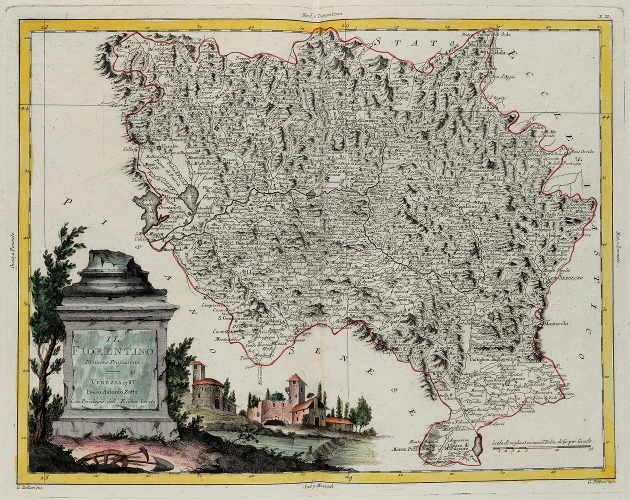 Gebiet von Florenz, Gravur von G. Zuliani aus Band II des "Neuesten Atlas" veröffentlicht in Venedig 1783 von Antonio Zatta, Private Sammlung von G. Zuliani