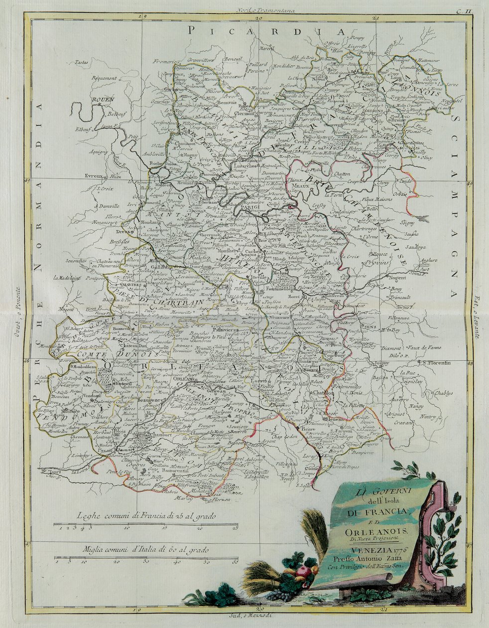 Die Gouvernements der Île-de-France und Orléans, Stich von G. Zuliani aus Band I des Neuesten Atlas, veröffentlicht in Venedig 1776 von Antonio Zatta, Privatsammlung von G. Zuliani
