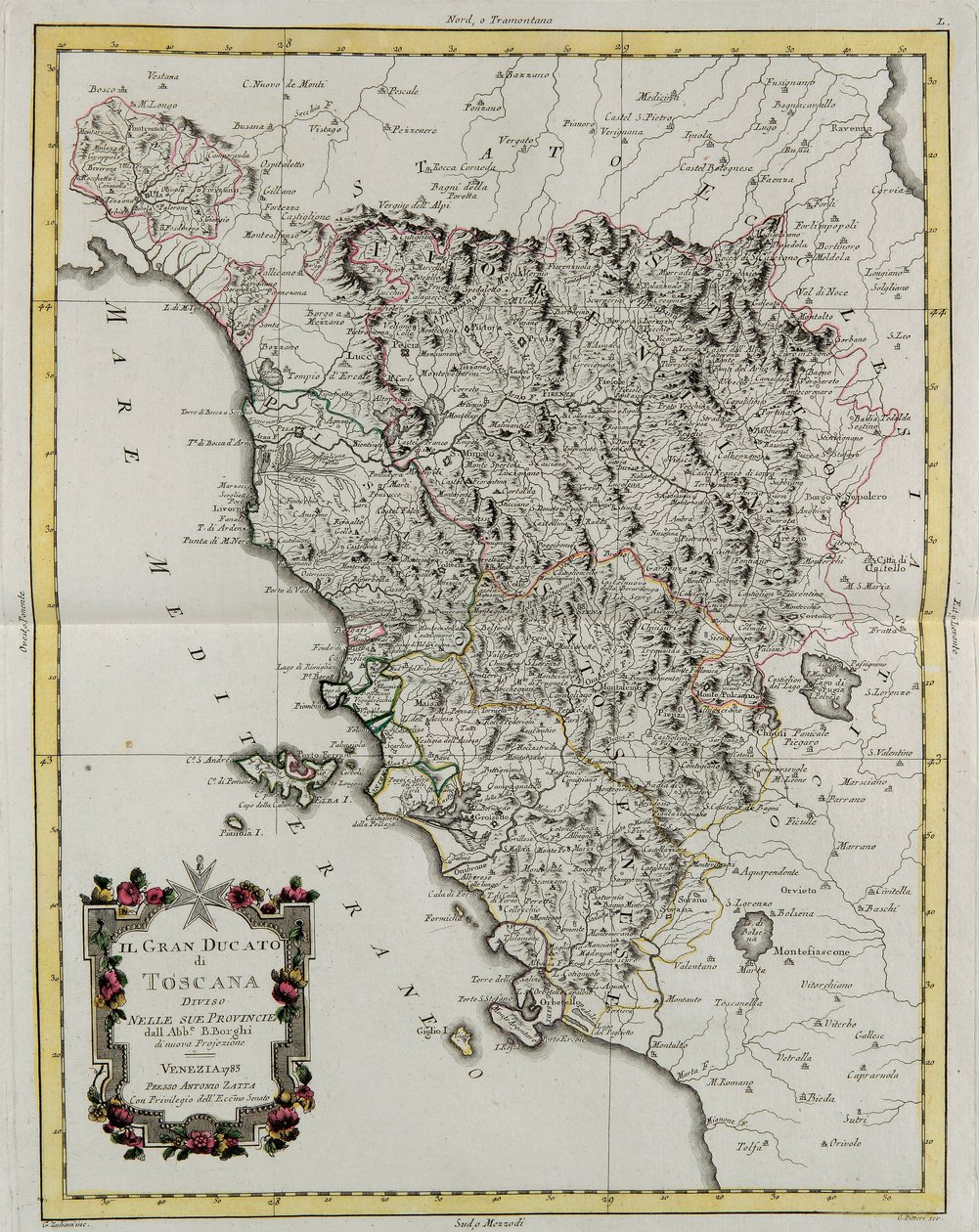Das Großherzogtum Toskana, aufgeteilt in seine Provinzen, Gravur von G. Zuliani aus Band II des "Neuesten Atlas" veröffentlicht in Venedig 1783 von Antonio Zatta, Private Sammlung von G. Zuliani