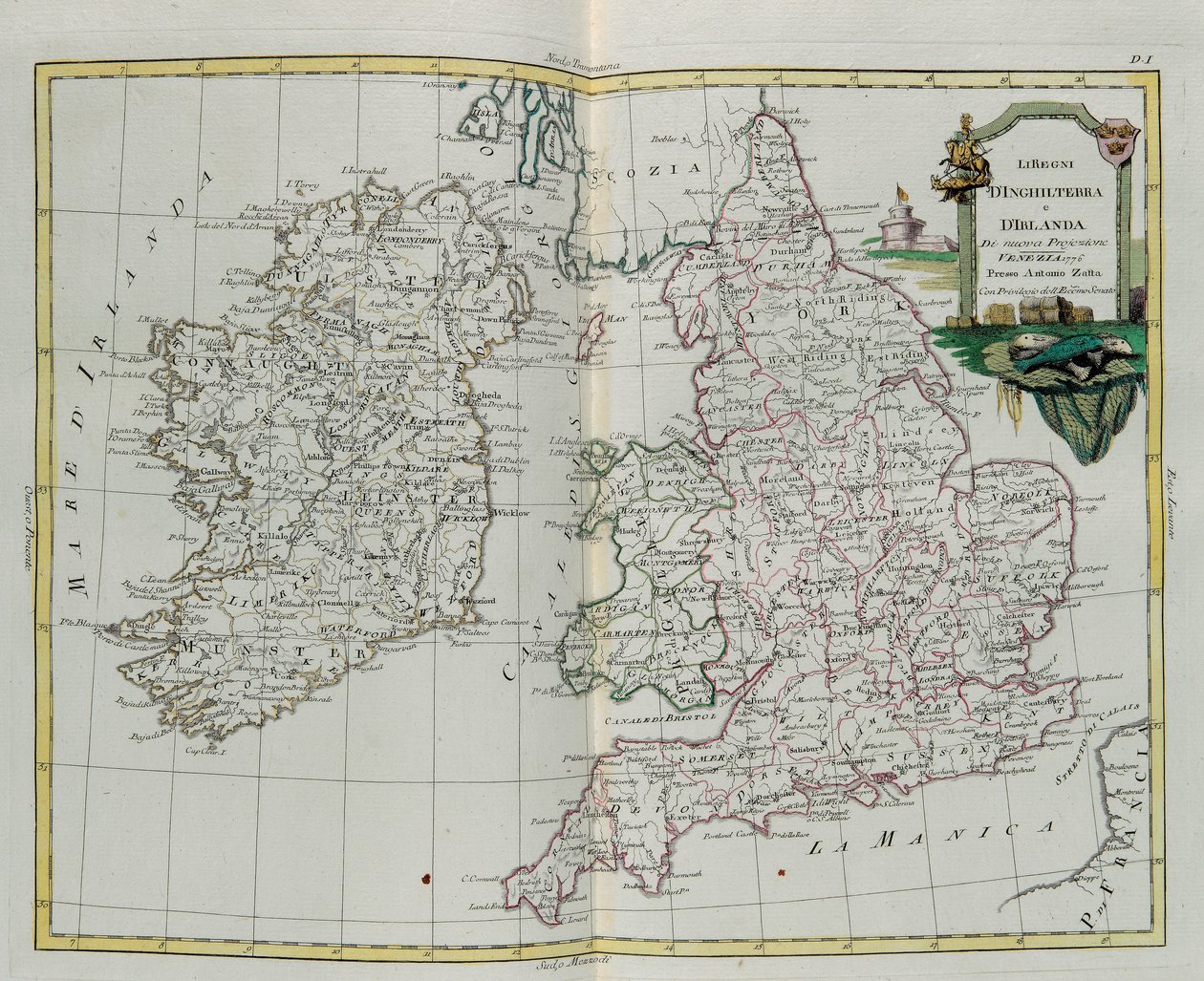 Die Königreiche England und Irland, Stich von G. Zuliani aus Band I des Neuesten Atlas, veröffentlicht in Venedig 1776 von Antonio Zatta, Privatsammlung von G. Zuliani