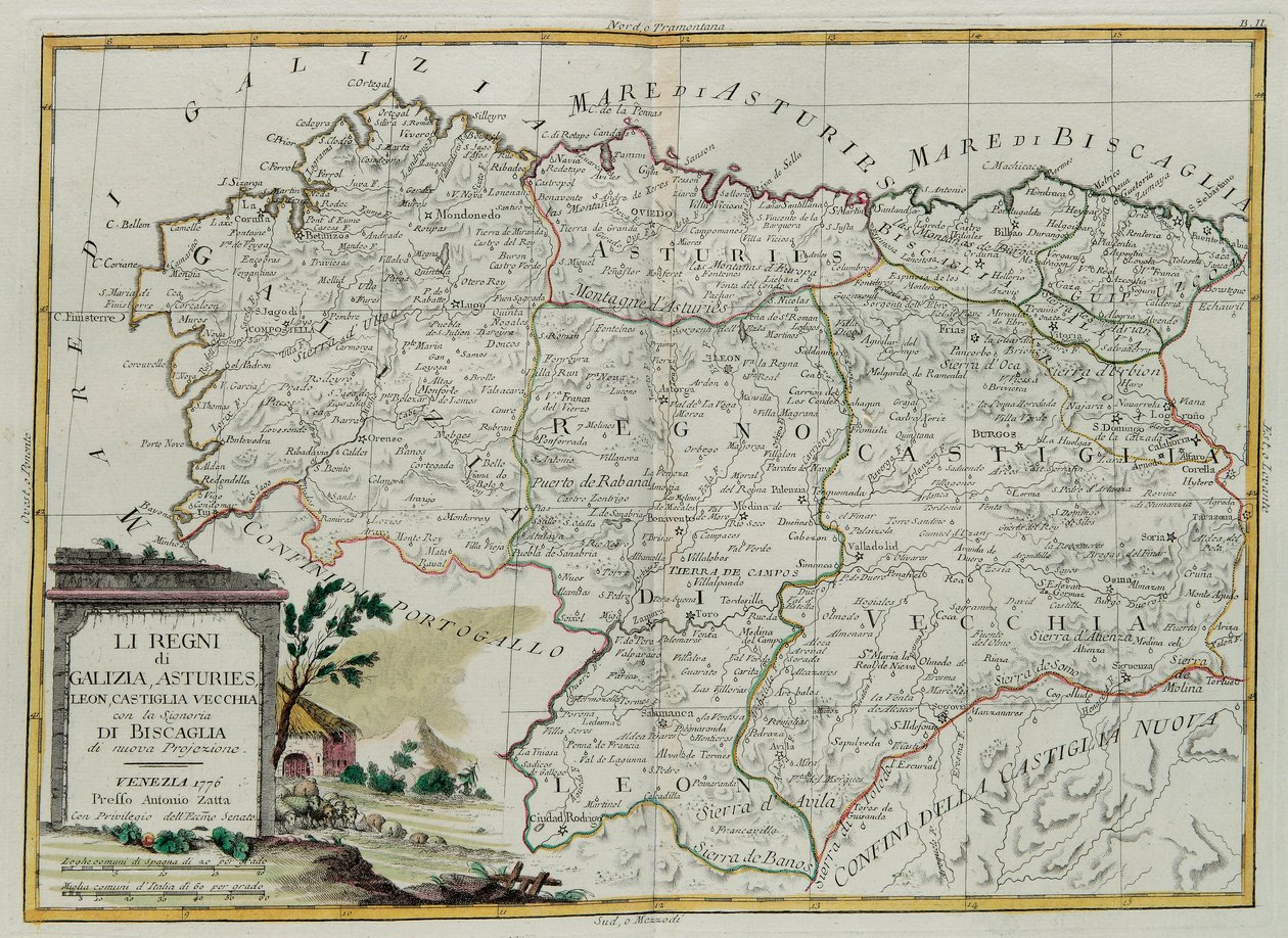 Die Königreiche Galicien, Asturien, León, Castilla Vieja mit dem Rat von Biscallia, Stich von G. Zuliani aus Band I des Neuesten Atlas, veröffentlicht in Venedig 1776 von Antonio Zatta, Privatsammlung von G. Zuliani