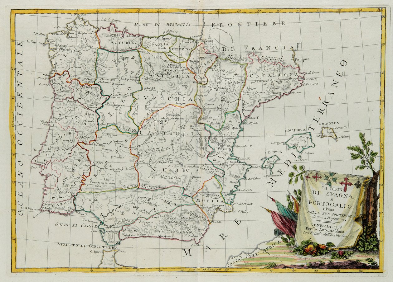 Die Königreiche Spanien und Portugal, aufgeteilt in ihre Provinzen, Stich von G. Zuliani aus Band I des Neuesten Atlas, veröffentlicht in Venedig 1775 von Antonio Zatta, Privatsammlung von G. Zuliani
