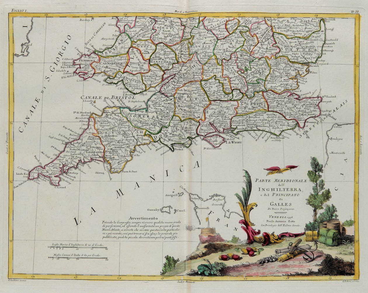 Der südliche Teil von England und des Fürstentums Wales, Stich von G. Zuliani aus Band I des Neuesten Atlas, veröffentlicht in Venedig 1778 von Antonio Zatta, Privatsammlung von G. Zuliani