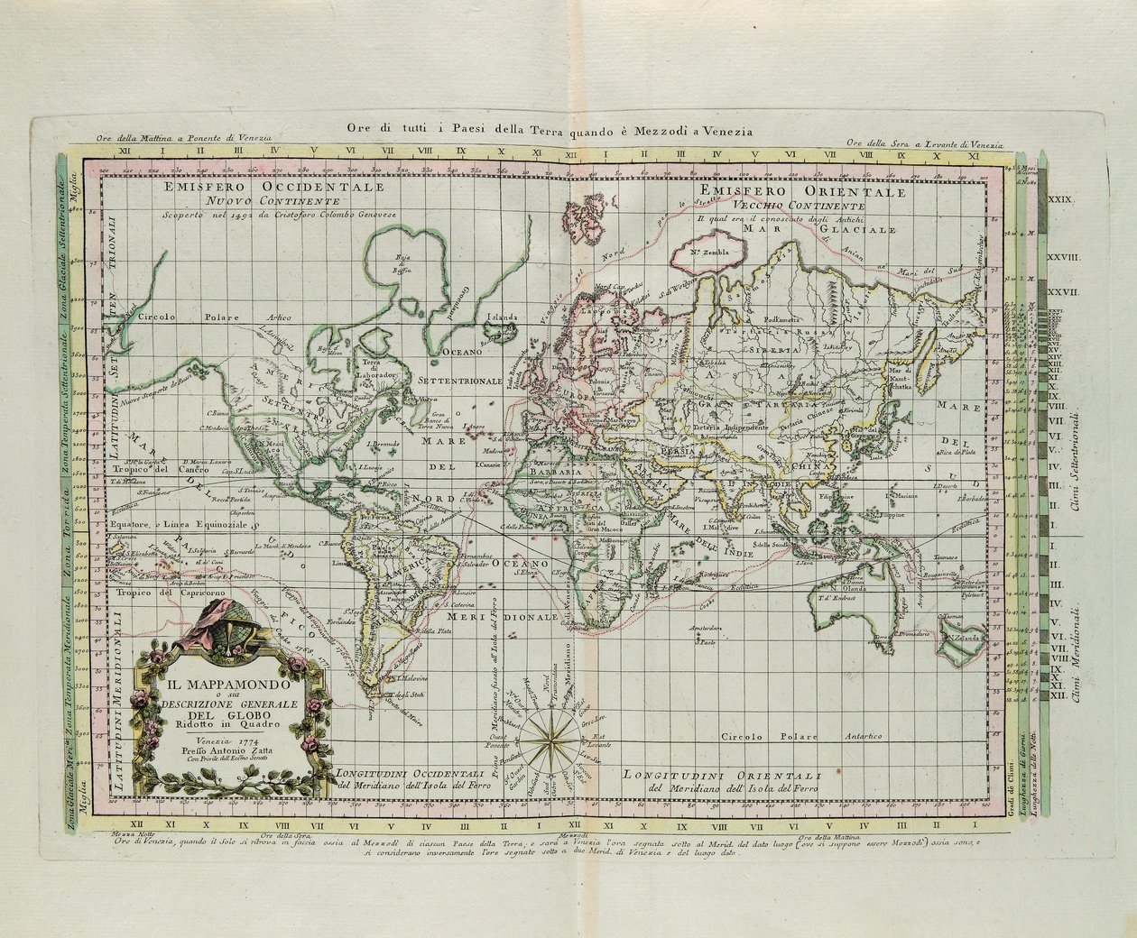Weltkarte und allgemeine Beschreibung des Globus, reduziert auf ein Bild, Stich von G. Zuliani aus Band I des "Neuesten Atlas" veröffentlicht in Venedig 1774 von Antonio Zatta von G. Zuliani