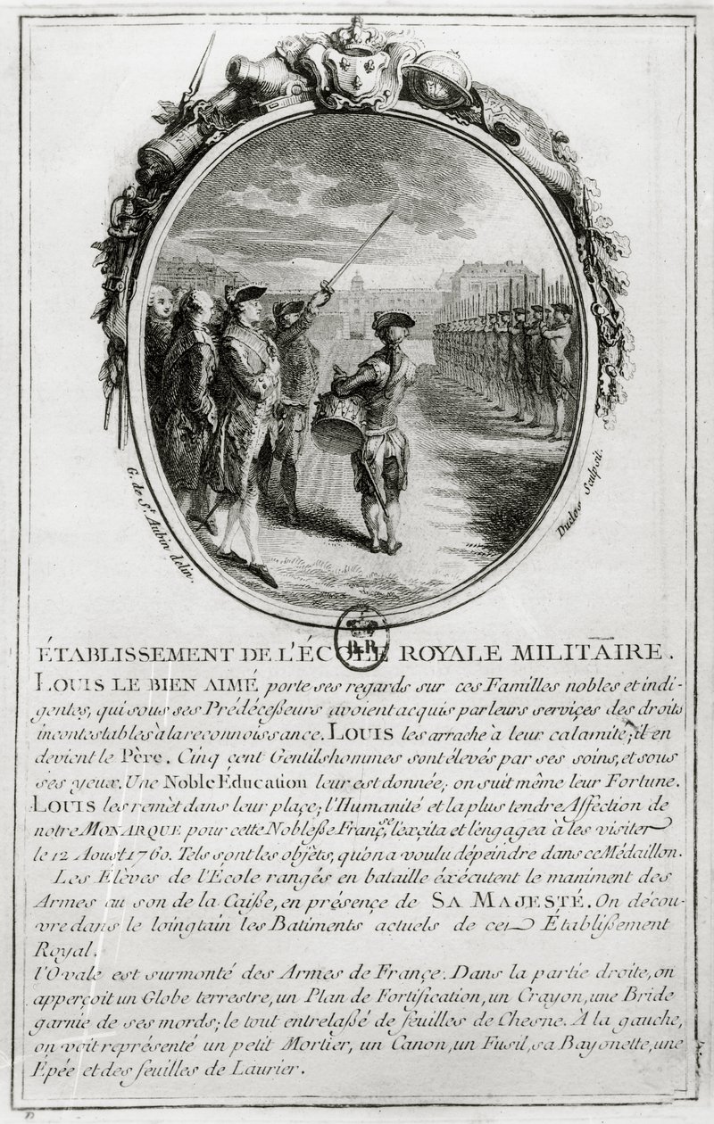 Ludwig XV. (1710-74) besucht die Ecole Militaire in Paris, 12. August 1760, graviert von Antoine Duclos (1742-97) von Gabriel de Saint Aubin