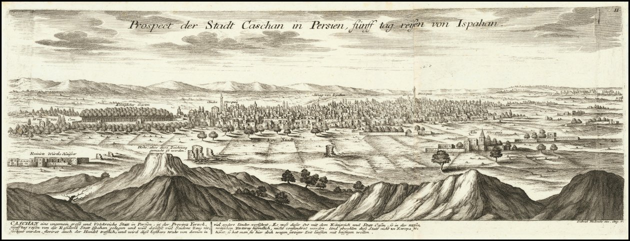 1720 Illustration - Aussicht der Stadt Kaschan in Persien, fünf Tagesreisen von Isfahan von Gabriel Bodenehr
