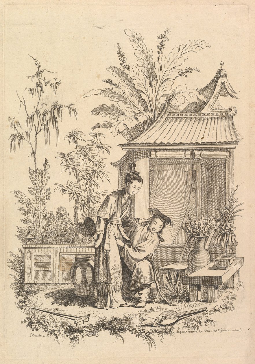 Chinoiserie-Szene mit Figuren in einer Landschaft, 18. Jahrhundert von Gabriel Huquier