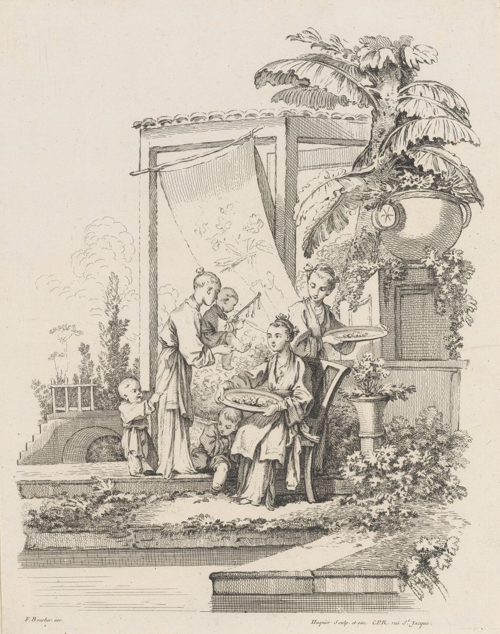 Sitzende Frau mit Kindern und Dienern, ca. 1738-45 von Gabriel Huquier