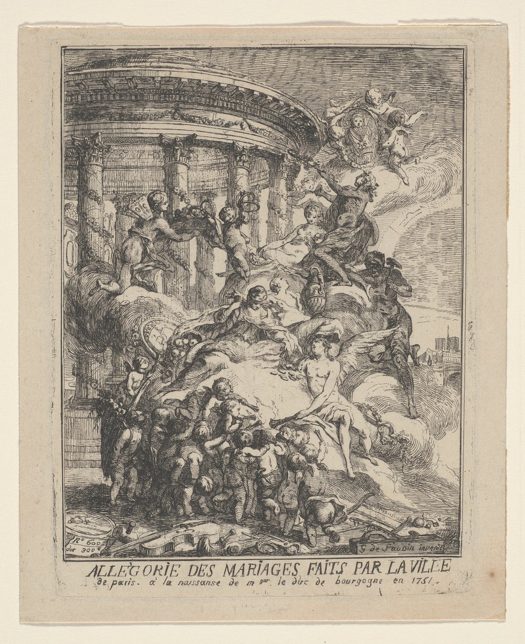 Allegorie der Ehen, die von der Stadt Paris zur Geburt des Herzogs von Burgund geschlossen wurden von Gabriel Jacques de Saint Aubin