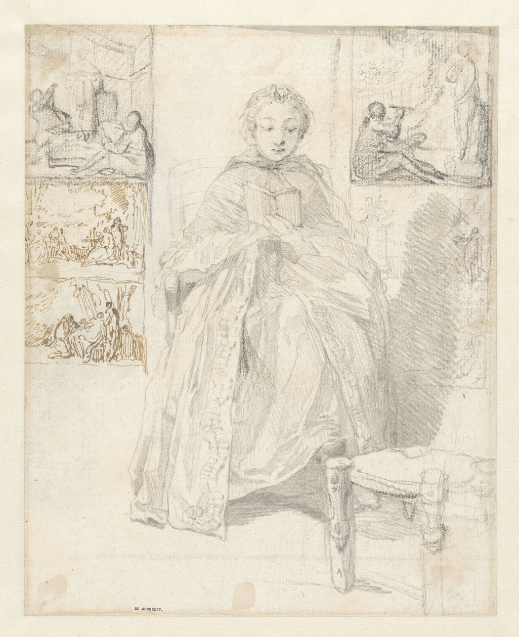 Skizzenblatt mit einer lesenden Frau und einigen Skizzen von Gabriel Jacques de Saint Aubin