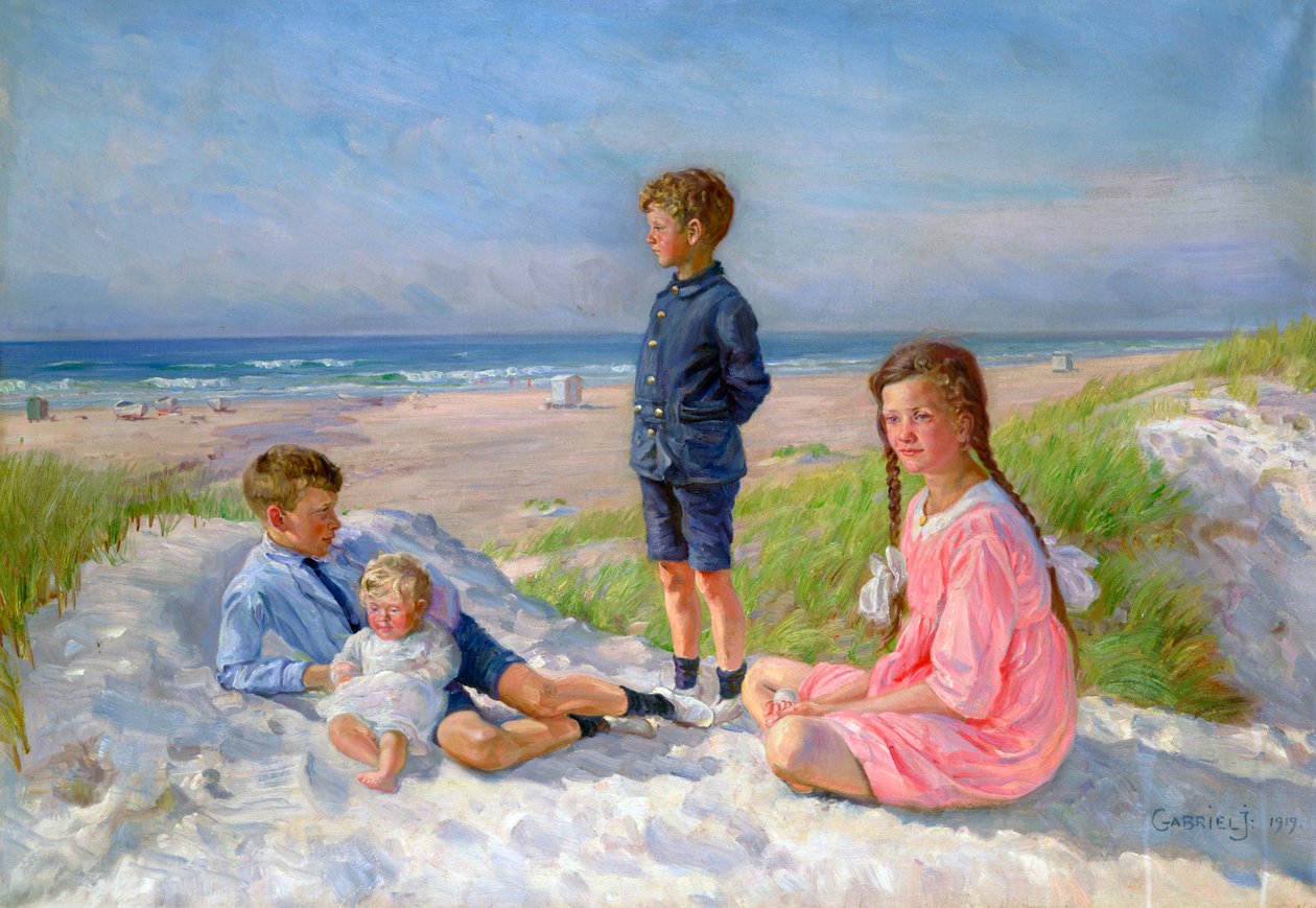 Erik, Else, Ove und Birthe Schultz am Strand, 1919 von Gabriel Jensen