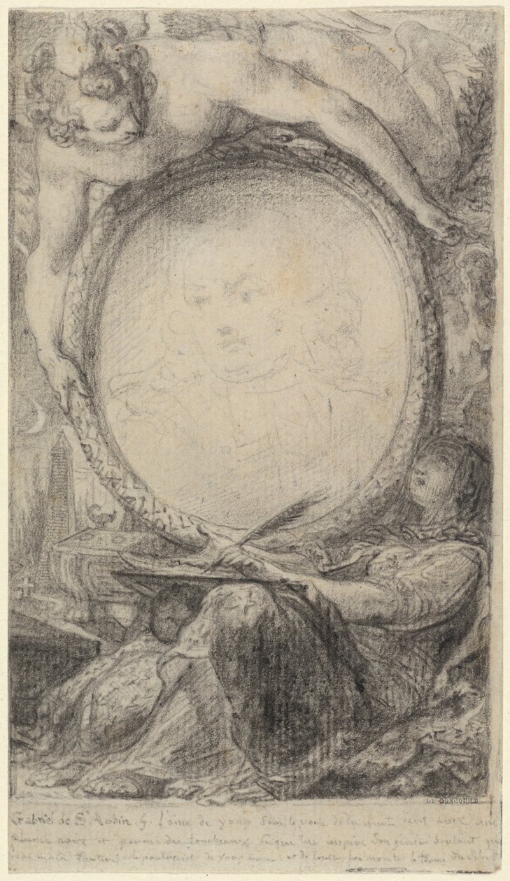 Allegorischer Rahmen mit einem Genius und einer verschleierten Frau, die schreibt, um 1769 von Gabriel de Saint-Aubin