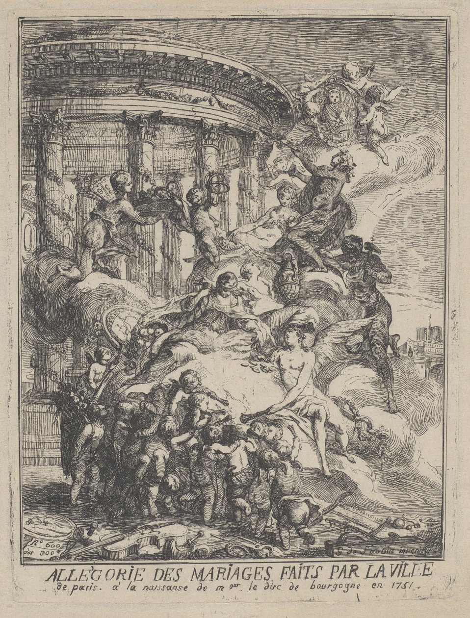 Allegorie der Ehen, die von der Stadt Paris zur Geburt des Herzogs von Burgund geschlossen wurden, 1751 von Gabriel de Saint Aubin