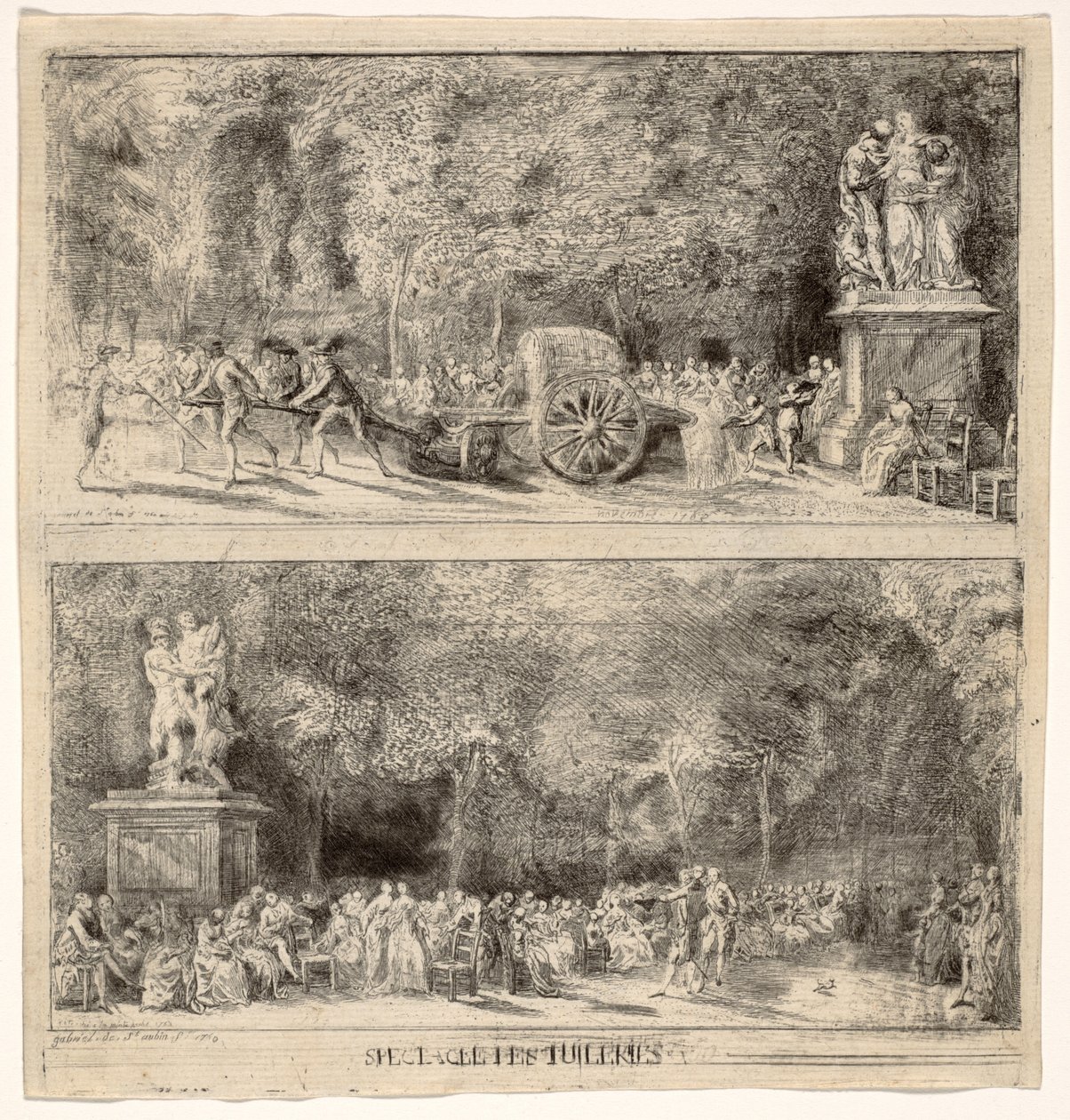 Szenen aus den Tuilerien: Die Stühle und der Wasserwagen, 1760, retuschiert 1763 von Gabriel de Saint Aubin