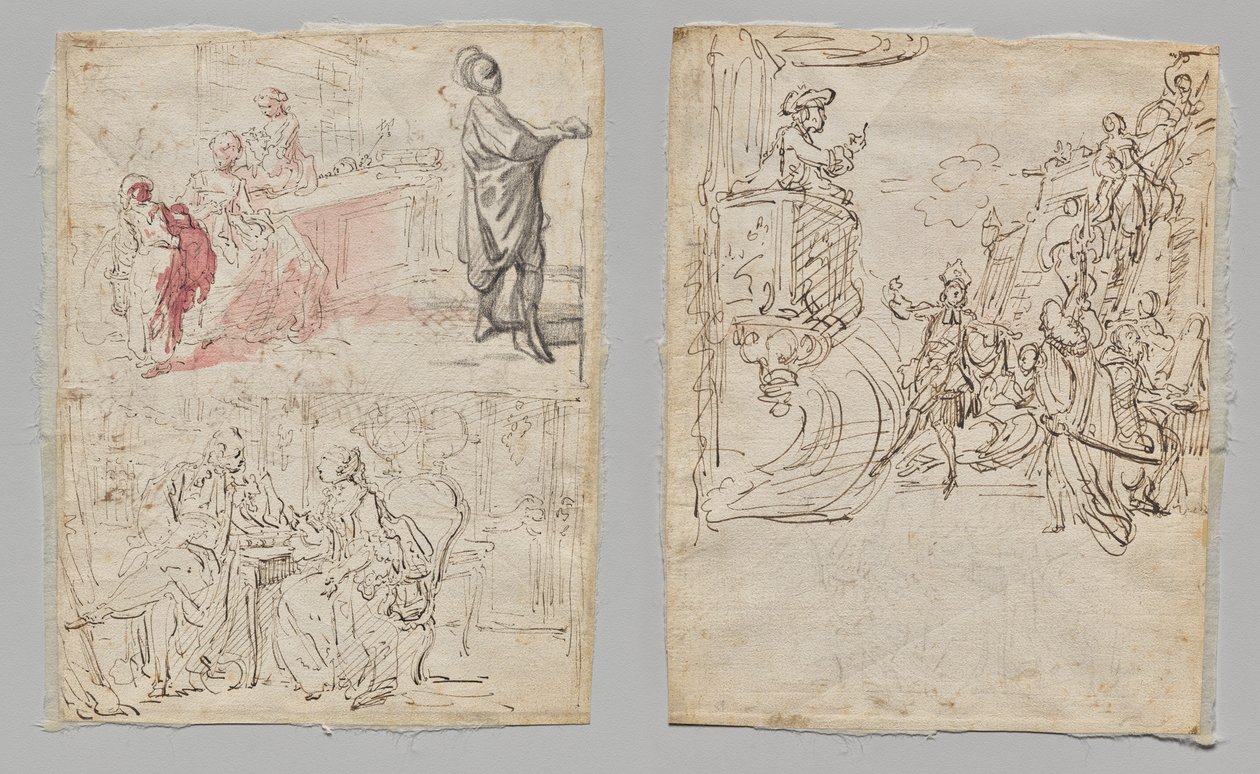 Theaterszene (recto); Dessous-Boutique und Gespräch (verso) von Gabriel de Saint Aubin