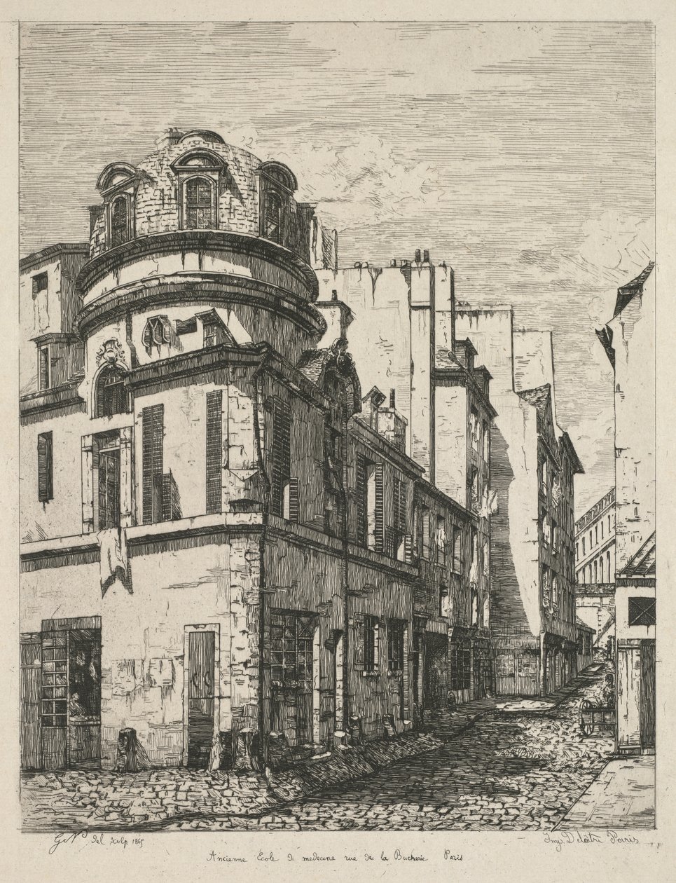 Radierungen des alten Paris: Ehemalige medizinische Schule, rue de la Bucherie von Gabrielle Marie Niel
