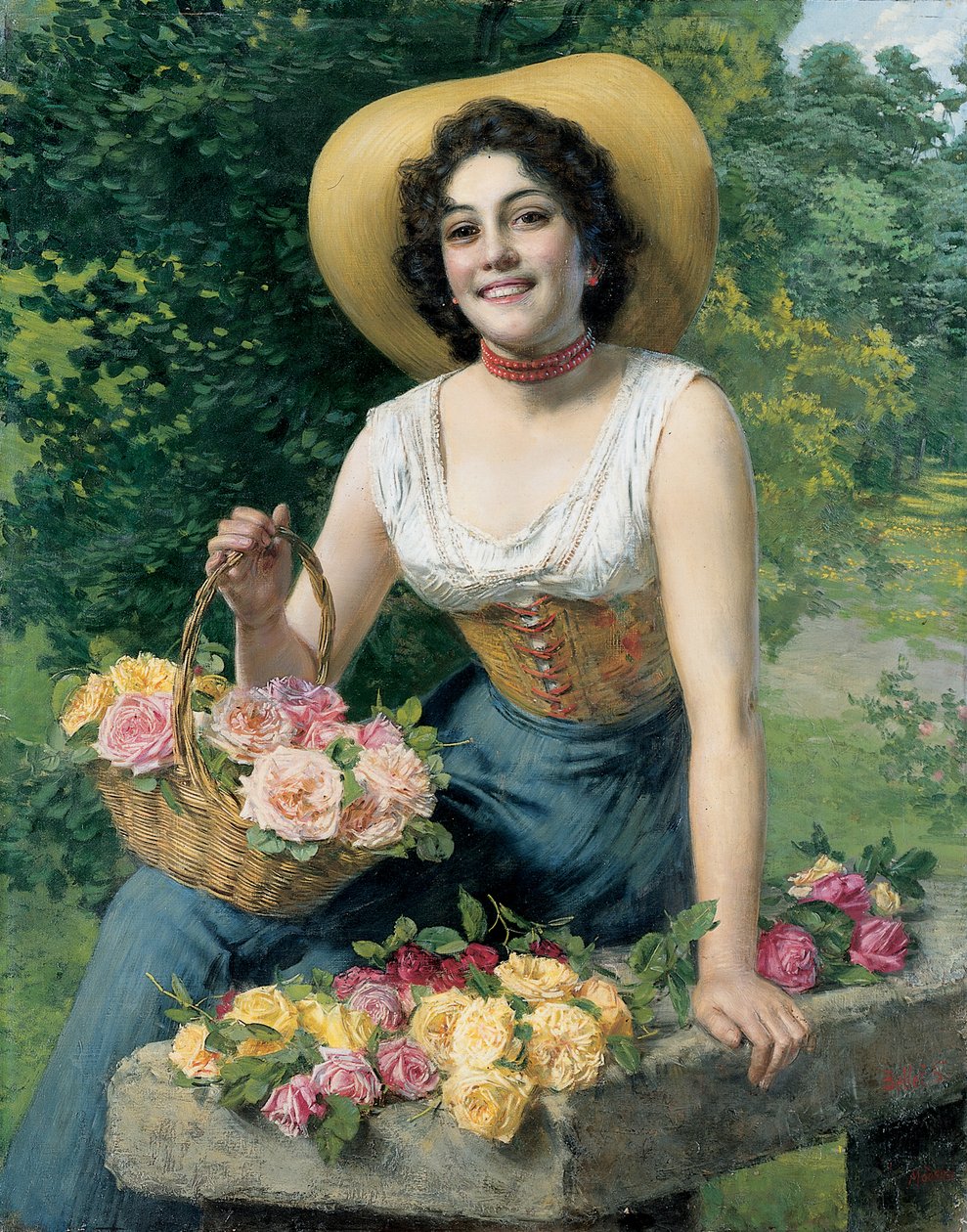 Eine Schönheit mit einem Korb Rosen von Gaetano Bellei