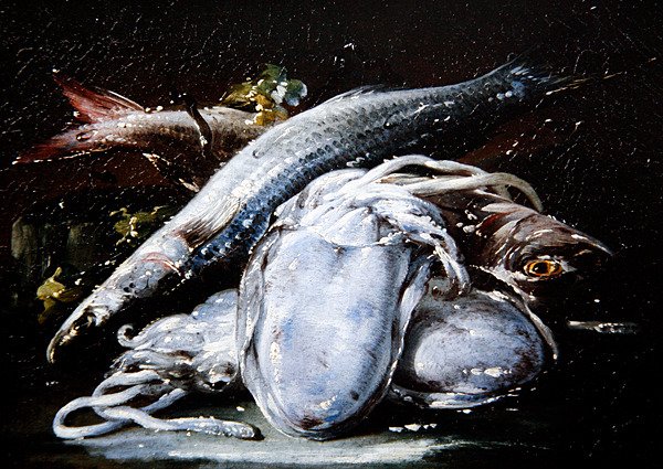 Tintenfisch, Grauer Meeräsche und Roter Meeräsche auf einem Steinvorsprung ruhend von Gaetano Cusati