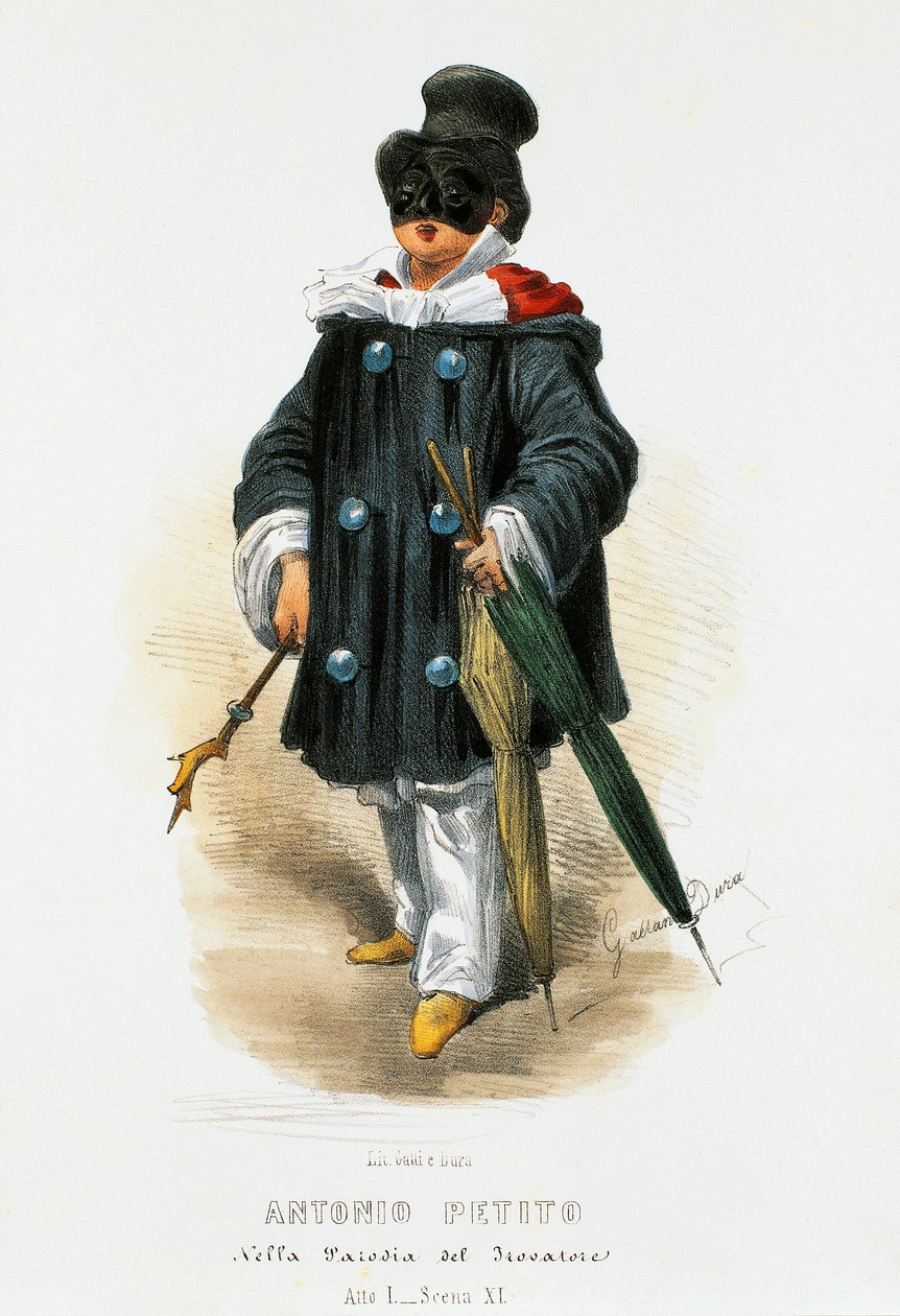 Der Schauspieler Antonio Petito (1822-1876) in Bühnenkostüm in der Parodie Der Troubadour, Lithographie von Gaetano Dura (1805-1874) von Gaetano Dura