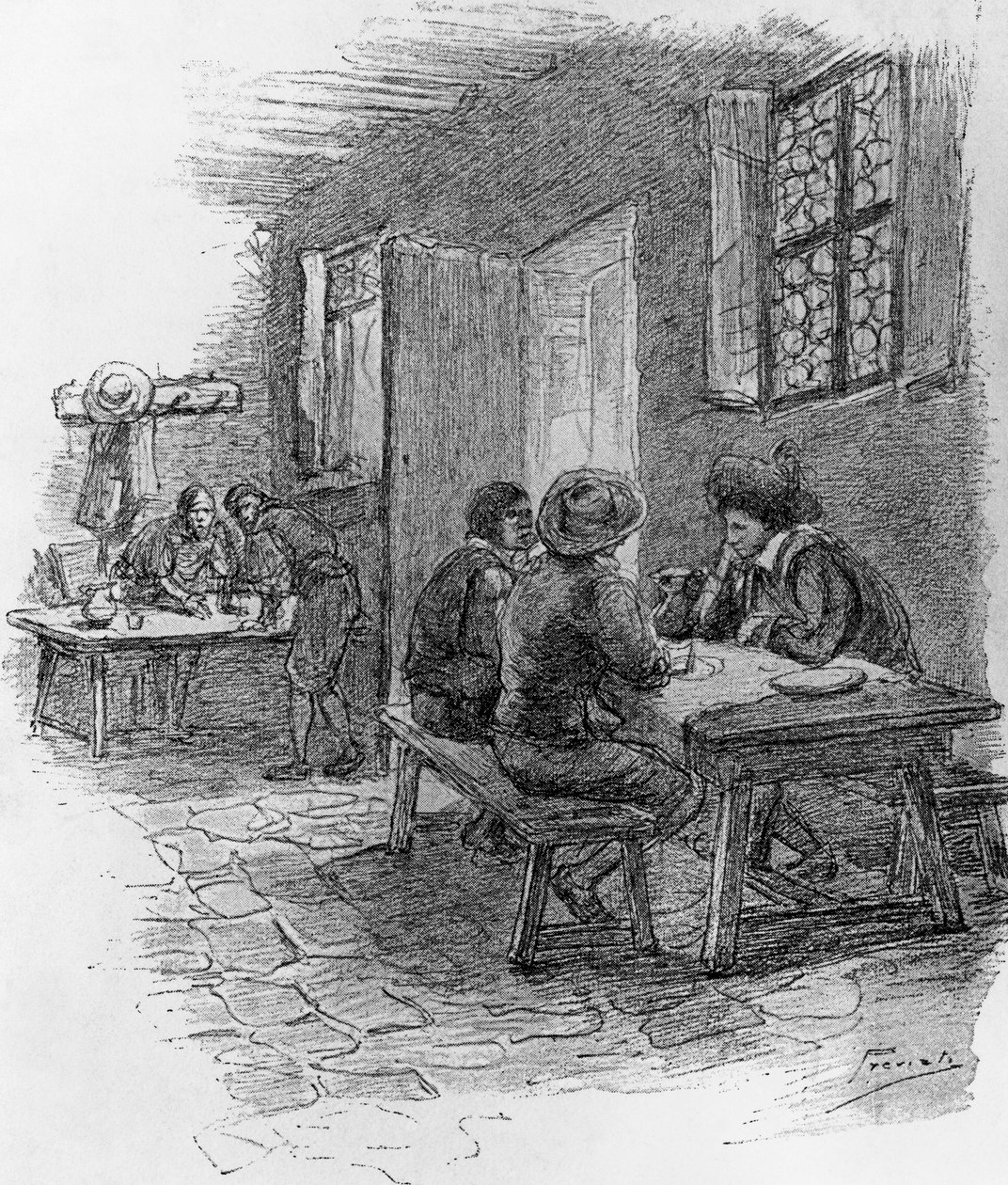 Renzo, Tonio und Gervase im Gasthaus, Kapitel VII, Illustration von Gaetano Previati (1852-1920) für 
