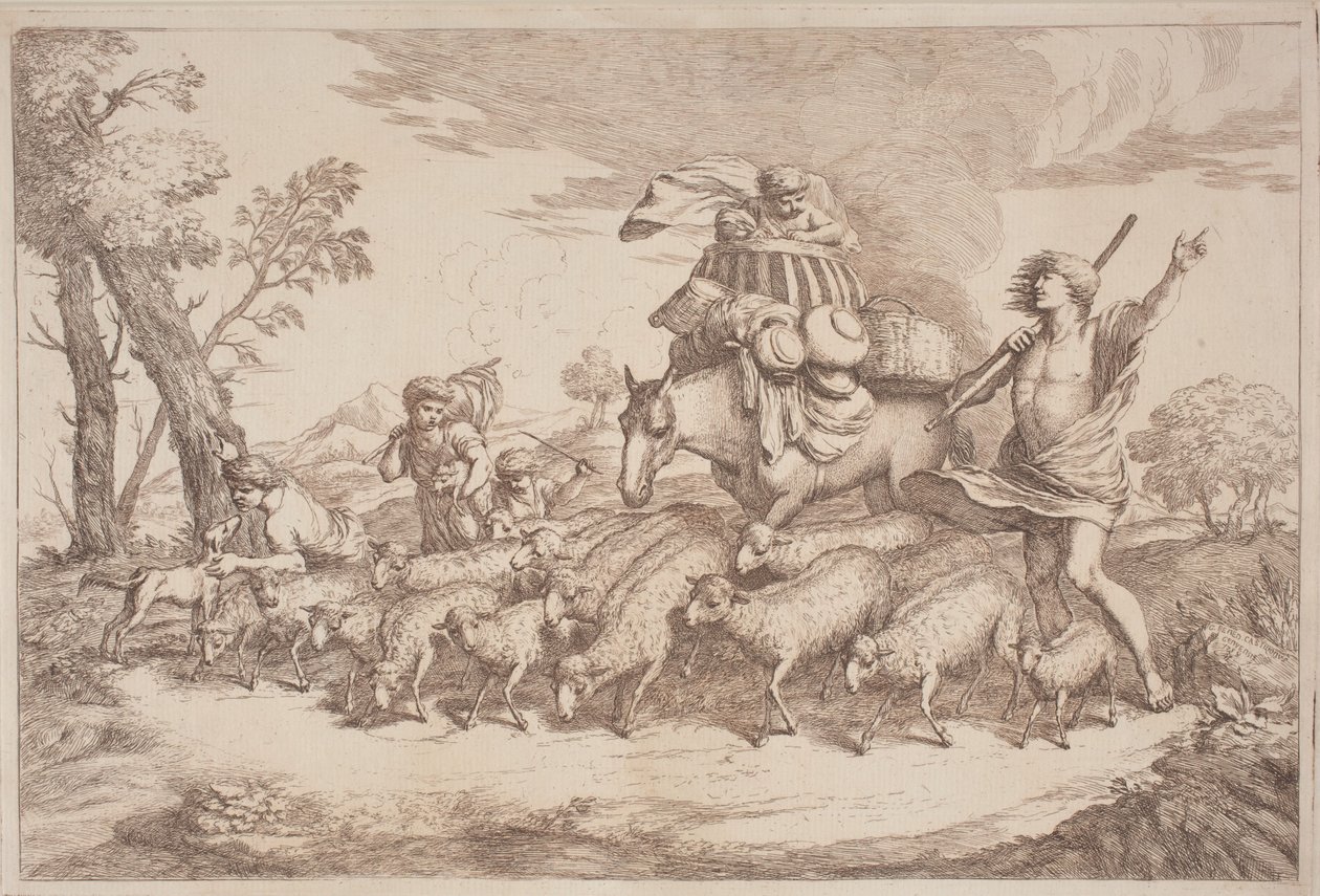 Eine pastorale Reise mit einem Kind im Korb auf dem Pferd von Gaetano Zompini, after Giovanni Benedetto Castiglione