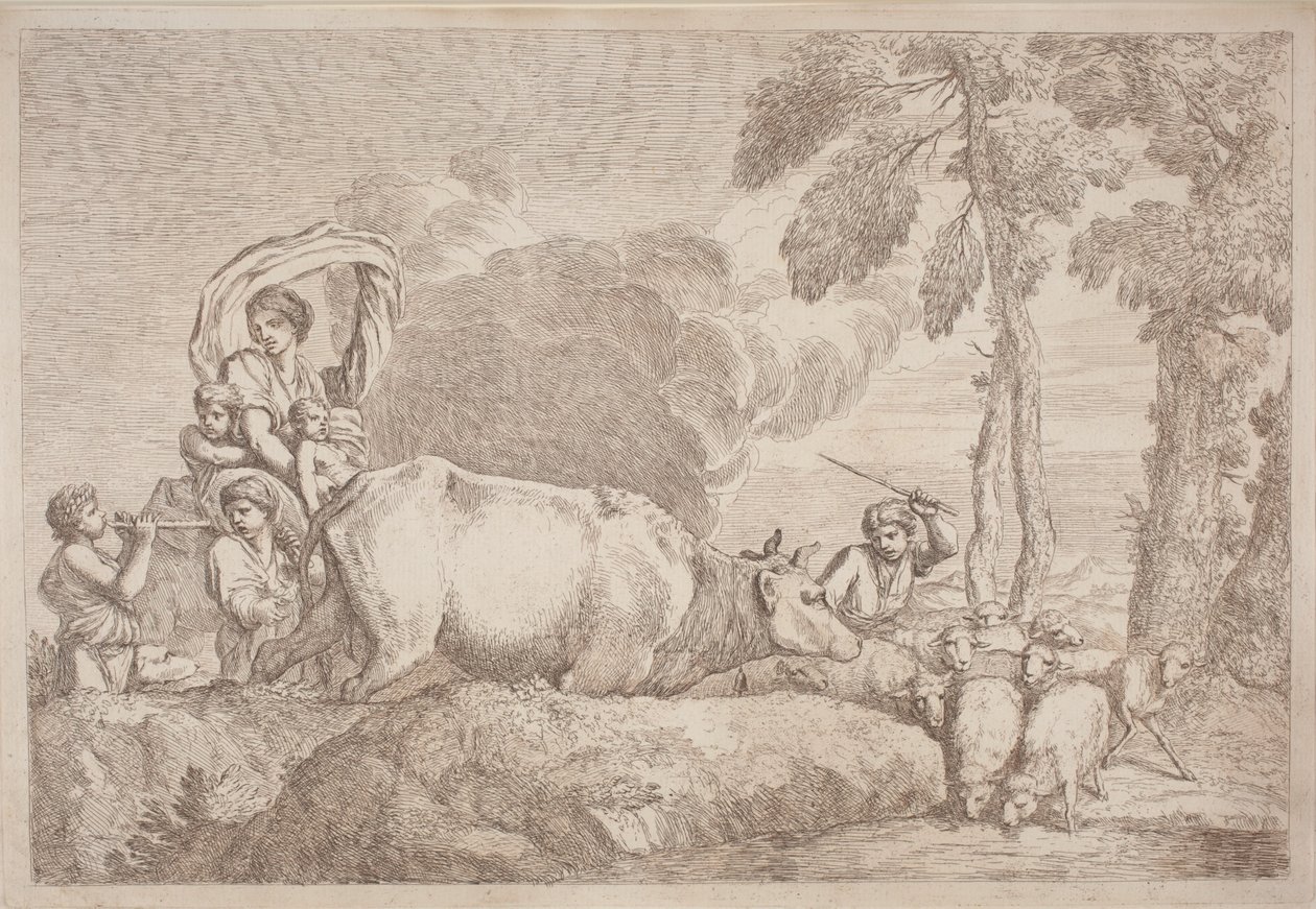 Eine Frau mit zwei Kindern zu Pferd von Gaetano Zompini, after Giovanni Benedetto Castiglione