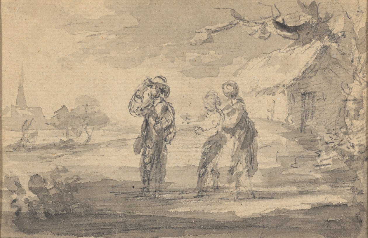 Landschaft mit drei Figuren, Hütte und Kirchturm von Gainsborough Dupont