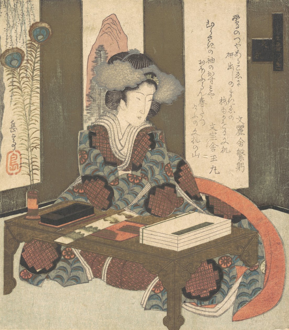 Eine Dame, die ein Gedicht schreiben will von Gakutei