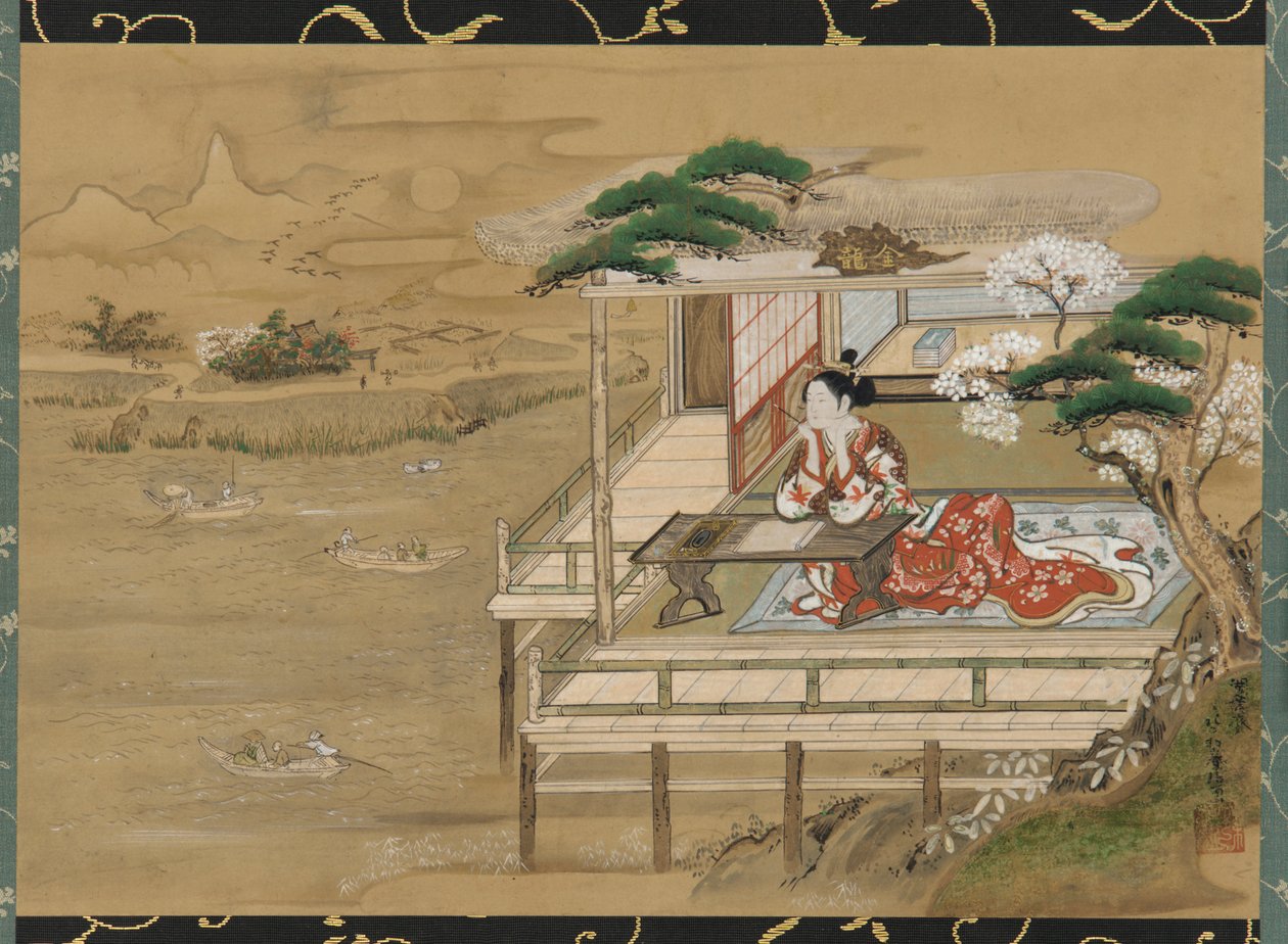 Murasaki Shikibu komponiert die Geschichte von Genji in Ishiyamadera, Edo-Periode, 19. Jahrhundert von Gakutei