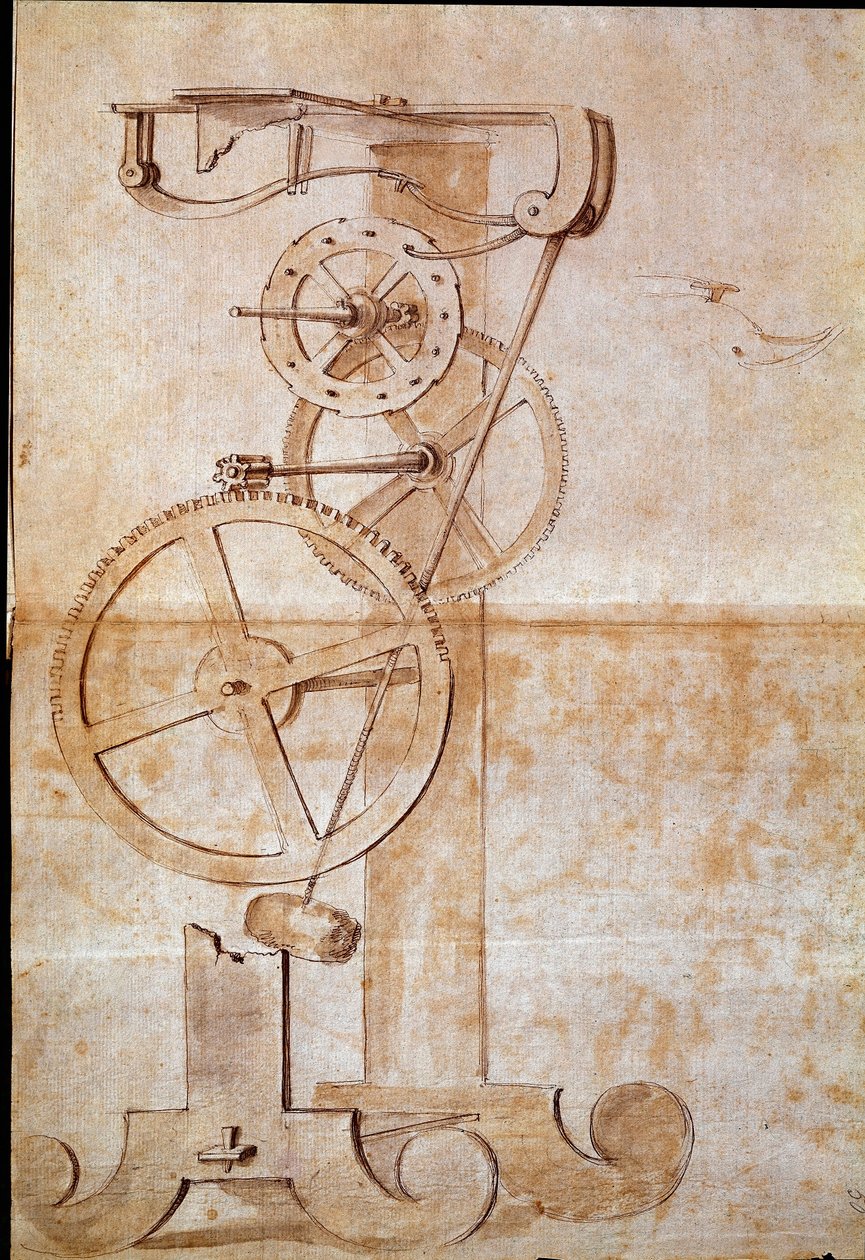 Uhr mit Pendel, untersucht vom italienischen Astronomen und Physiker Galileo Galilei (1564-1642) im Jahr 1638 zur Zeitmessung. Zeichnung. Florenz, Nationalbibliothek von Galileo Galilei