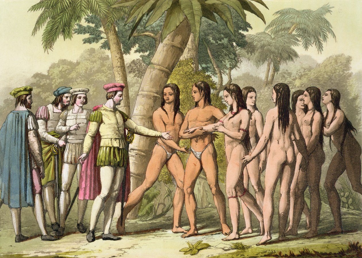 Christoph Kolumbus (1451-1506) mit Hernando Cortes (1485-1547) erhält ein indianisches Mädchen als Geschenk, aus 