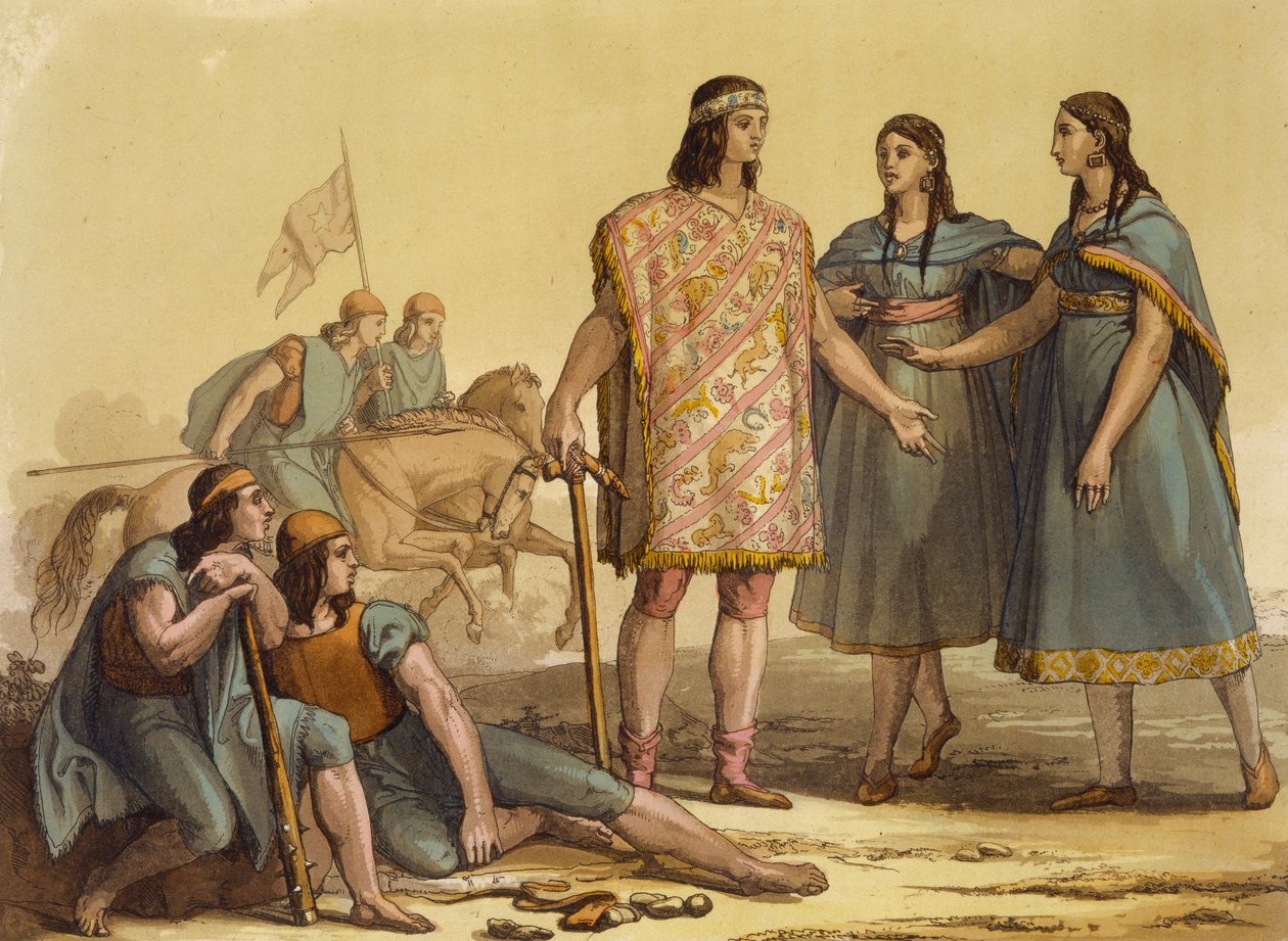 Eingeborene des Araucani-Stammes, Argentinien, aus Le Costume Ancien et Moderne, Band II, Tafel 37, von Jules Ferrario, veröffentlicht um 1820er-30er Jahre von Gallo Gallina