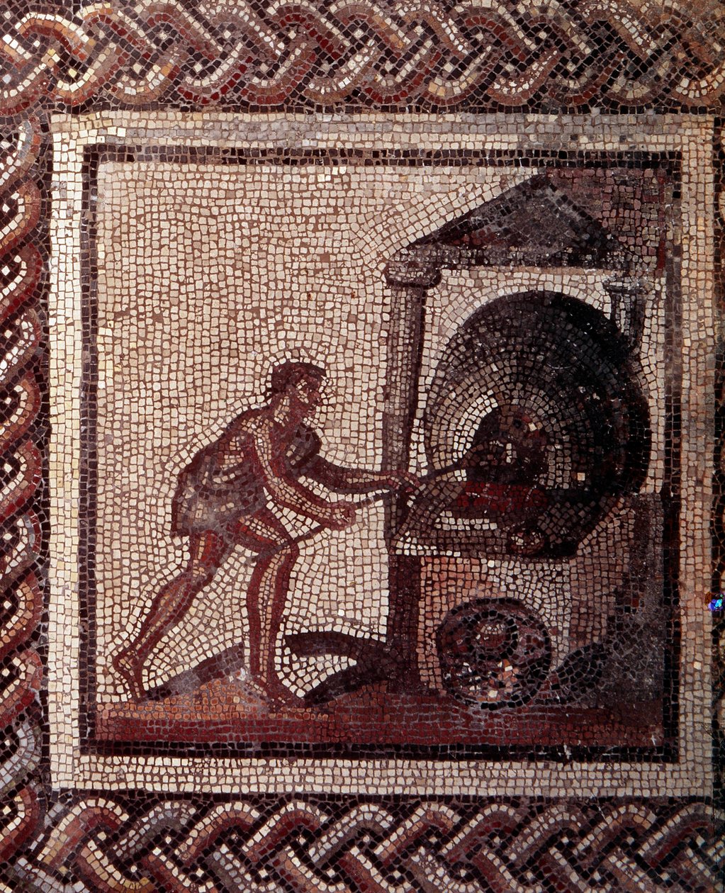 Gallorömische Kunst: Mosaikpflaster, das einen rustikalen Kalender darstellt. Brotbäckszene. Ende 2., Anfang 3. Jahrhundert n. Chr. Aus Saint-Romain-en-Gal (Rhône). Saint-Germain-en-Laye, Nationalmuseum für Archäologie von Gallo-Roman