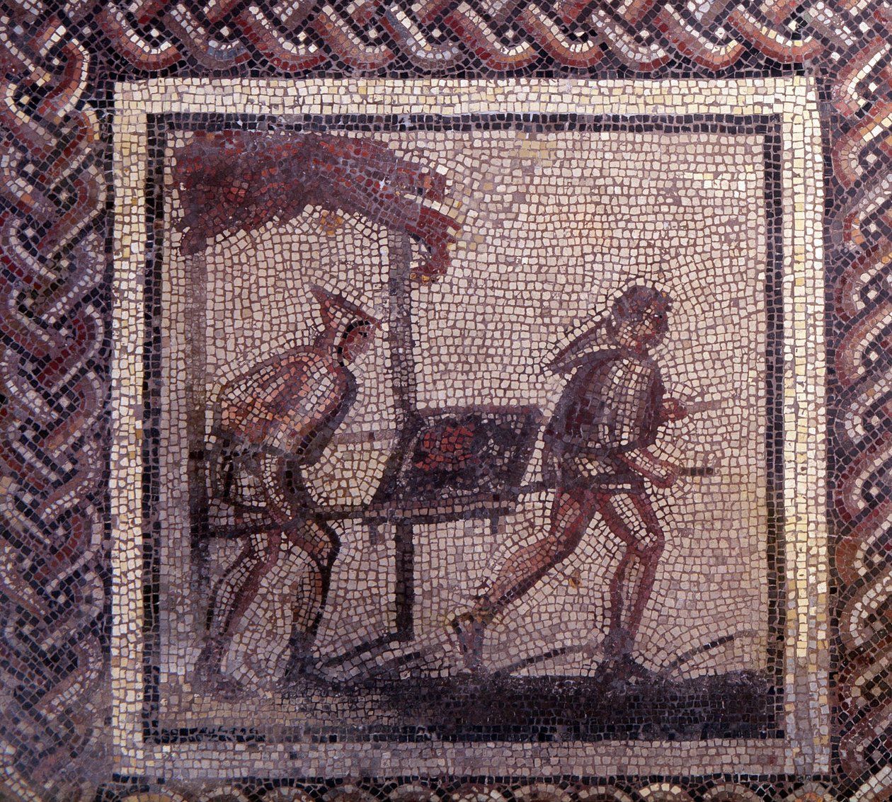 Gallorömische Kunst: Mosaikpflaster, das einen rustikalen Kalender darstellt. Misttransportszene. Ende 2., Anfang 3. Jahrhundert n. Chr. Aus Saint-Romain-en-Gal (Rhône). Saint-Germain-en-Laye, Nationalmuseum für Archäologie von Gallo-Roman